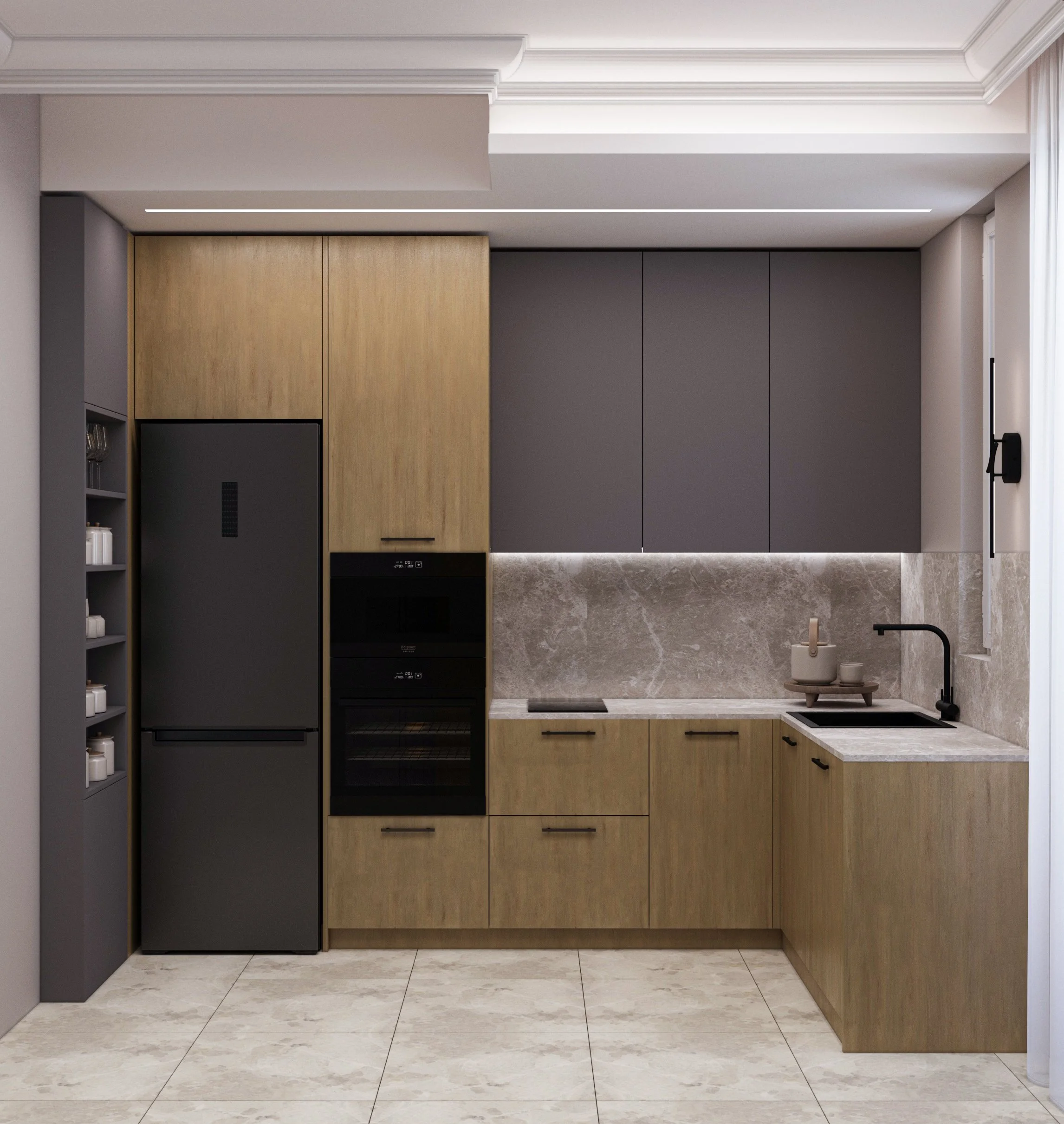 Modern kitchen with black refrigerator, built-in oven, gray upper cabinets, light wood lower cabinets, marble backsplash and countertop, black faucet, small window with sheer curtains.