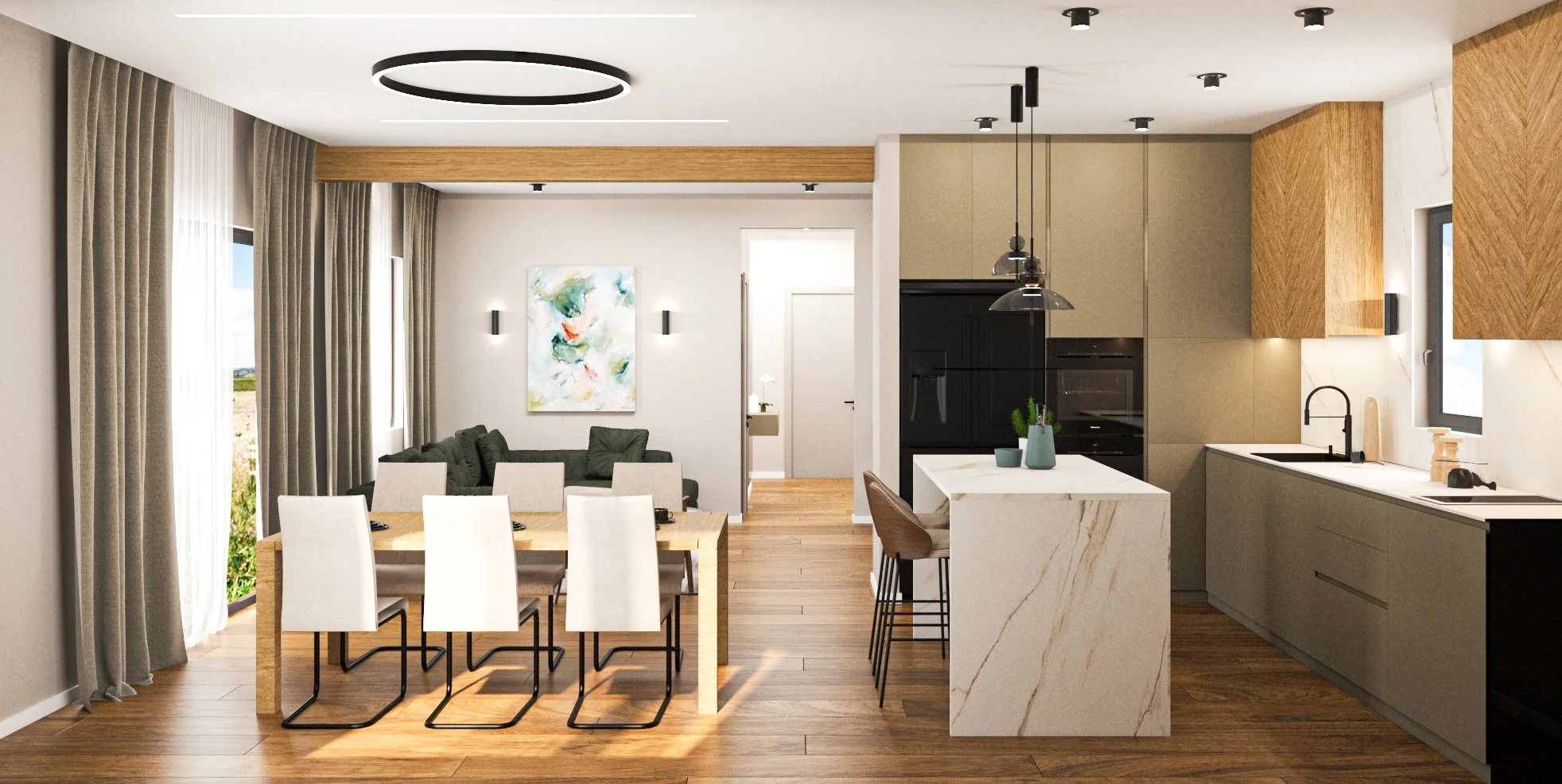 Open-concept kitchen and dining area with a modern design, featuring a marble island, beige cabinets, black appliances, wooden accents, a dining table with white chairs, and a living space with a green sofa and abstract art on the wall.