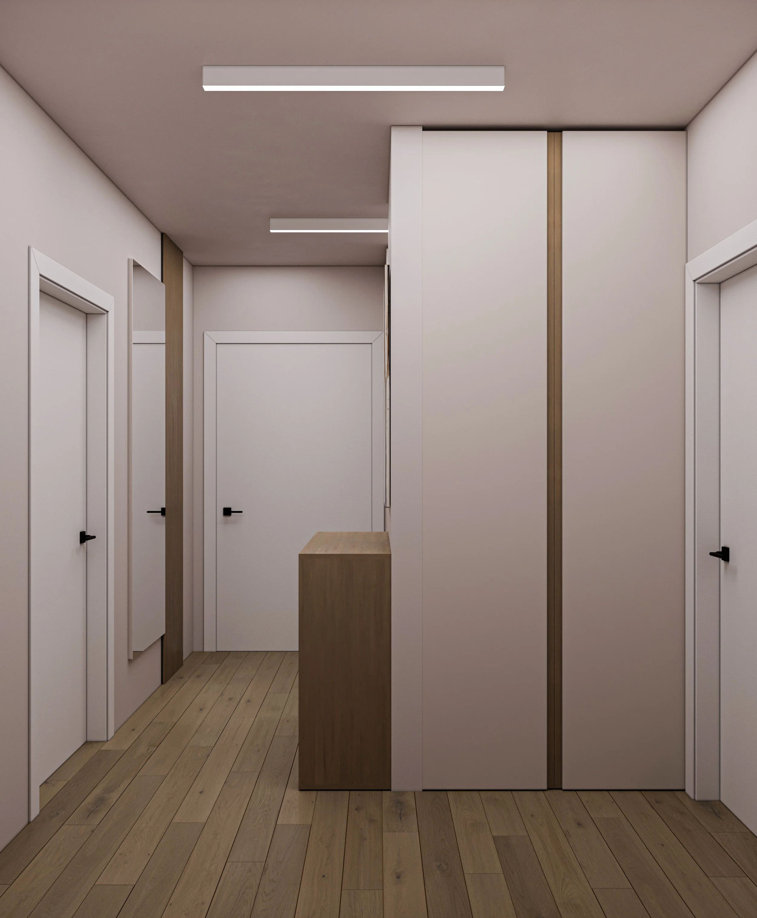Interior view of a modern hallway with white doors, a wooden floor, and a small wooden cabinet.