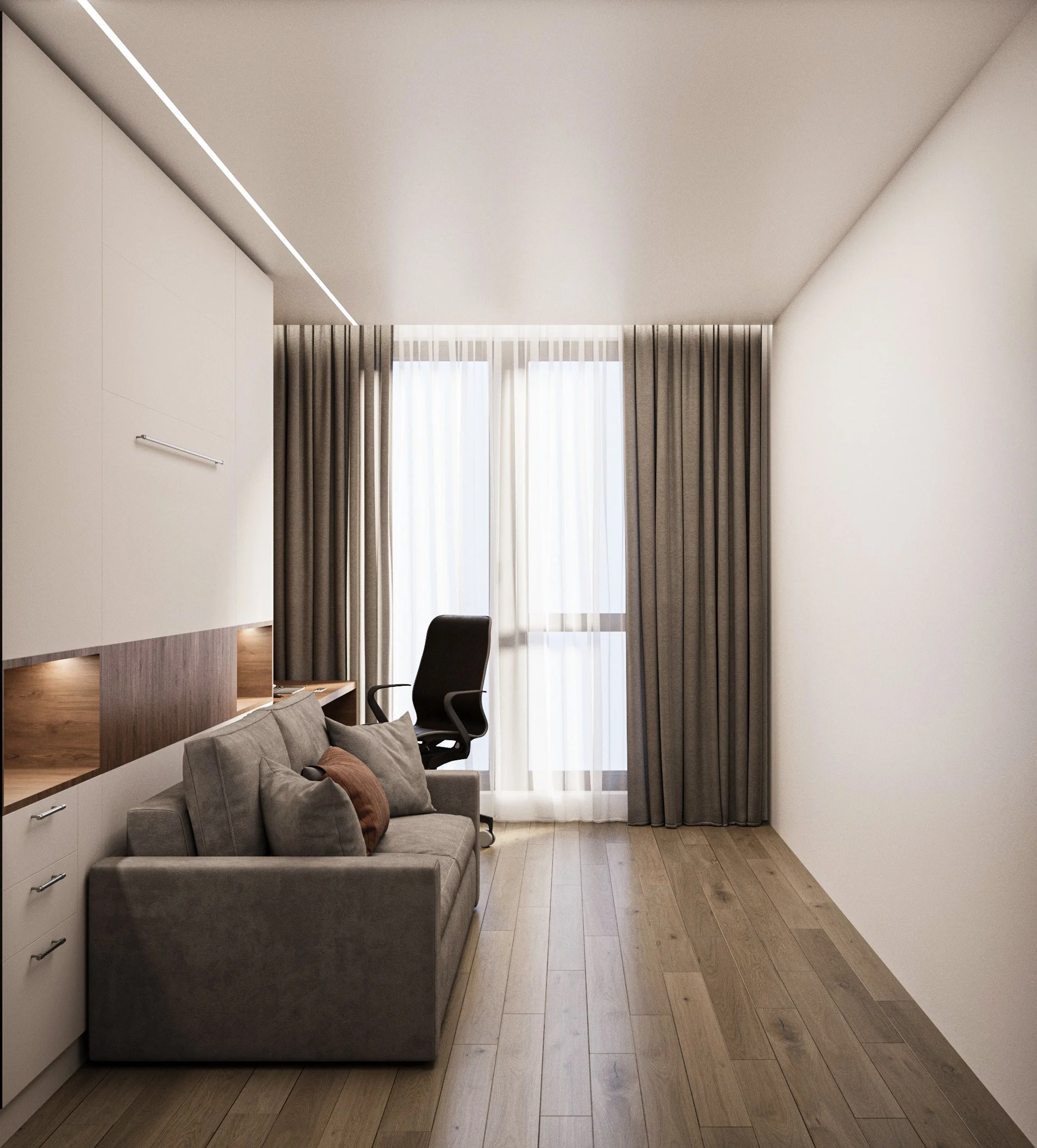 A modern, minimalistic room with a gray sofa, black office chair, and large window with sheer curtains. The room has wooden flooring and white walls with built-in cabinets.