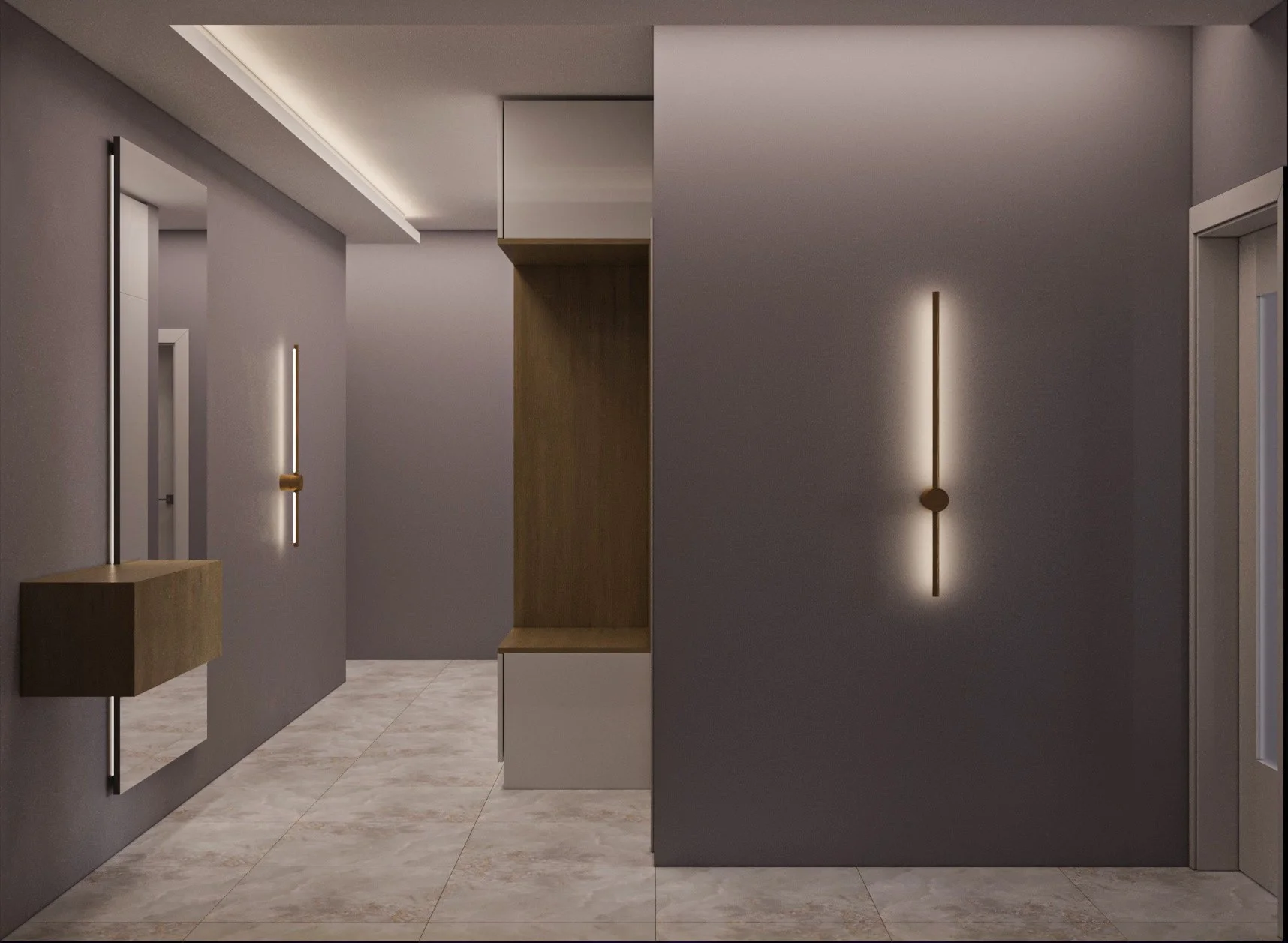 Modern minimalist interior with gray and wood accents, wall-mounted lights, and beige tiled floor.