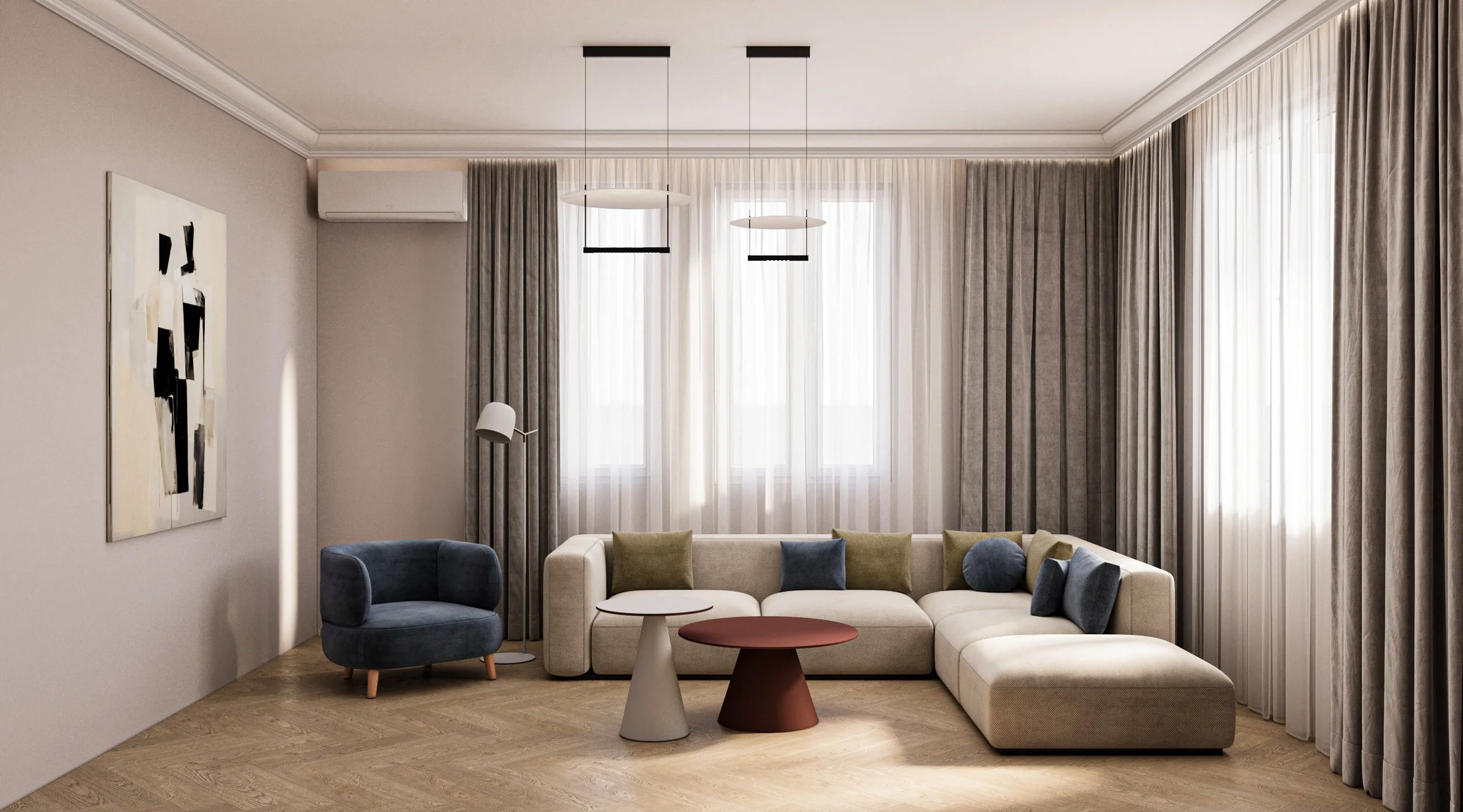 Modern living room with beige sectional sofa, blue and green accent pillows, two nested side tables, a small blue armchair, and layered curtains on large windows.