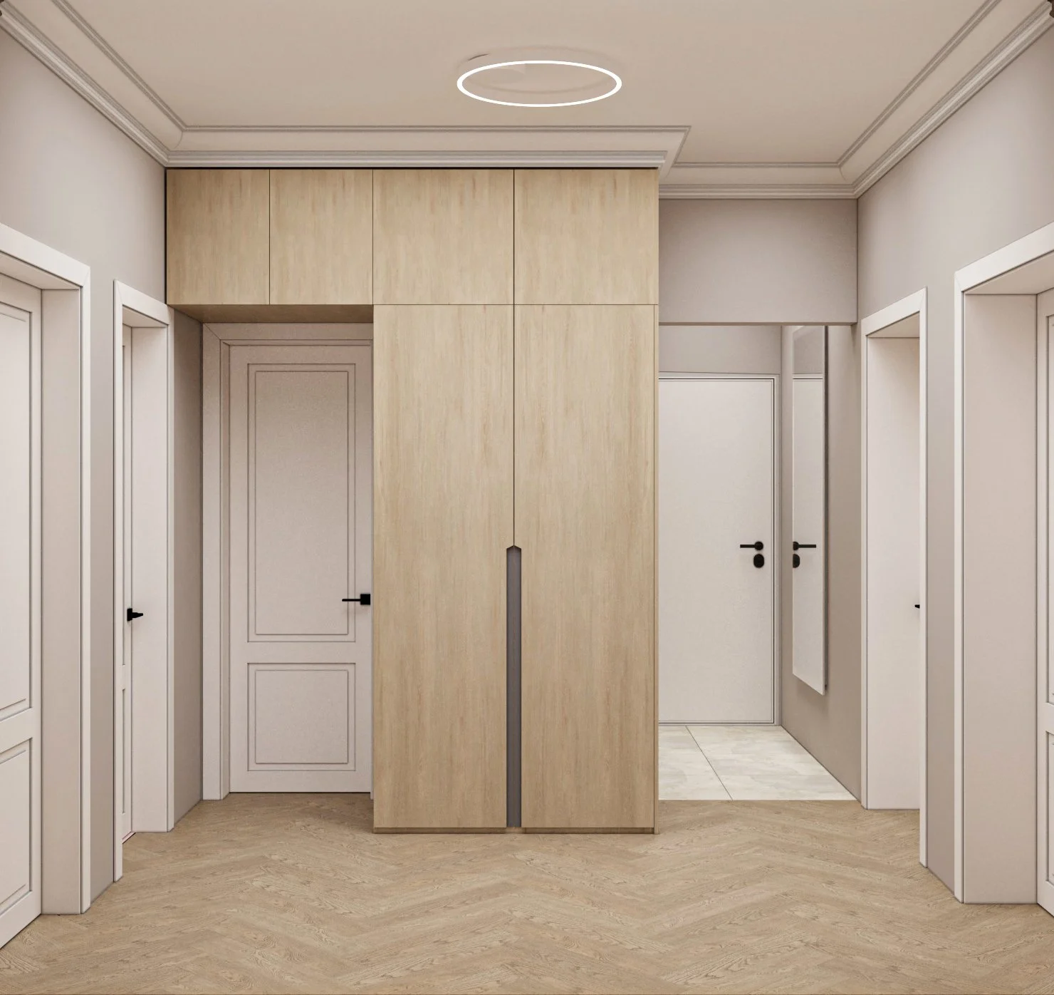 Foyer with white walls, light wood flooring, four white doors with black handles, and a large light wood wardrobe with a narrow vertical opening.