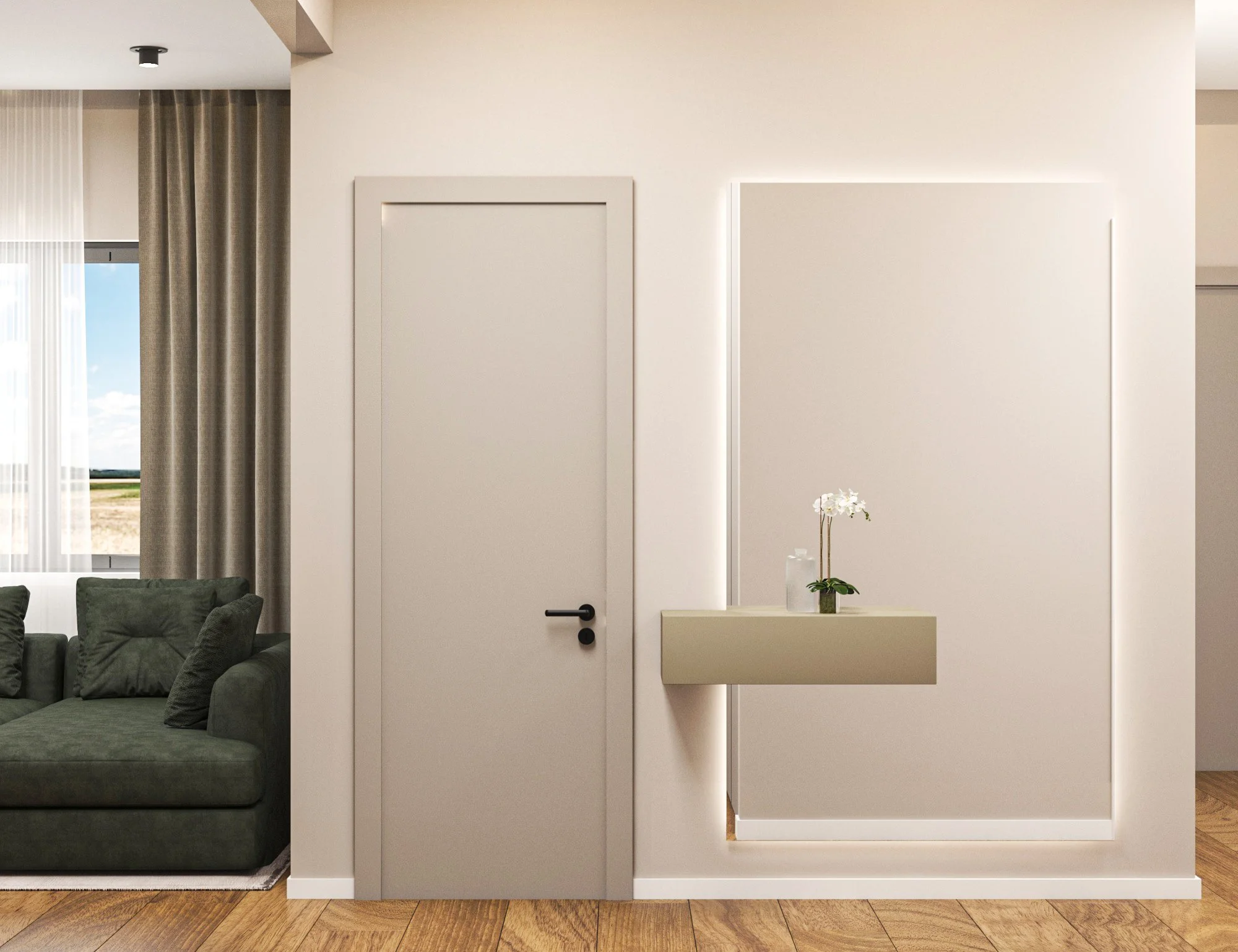 Modern interior with closed door, beige floating shelf with a potted orchid, and textured white wall panel with backlit edges, next to a living room with a green sofa and window with curtains.
