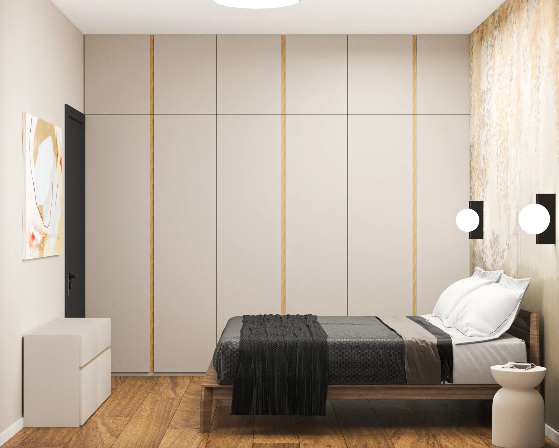 Modern bedroom with a bed, white pillows, dark gray and black bedding, a small white side table, a white dresser, colorful abstract wall art, and wall-mounted black and white circular light fixtures.