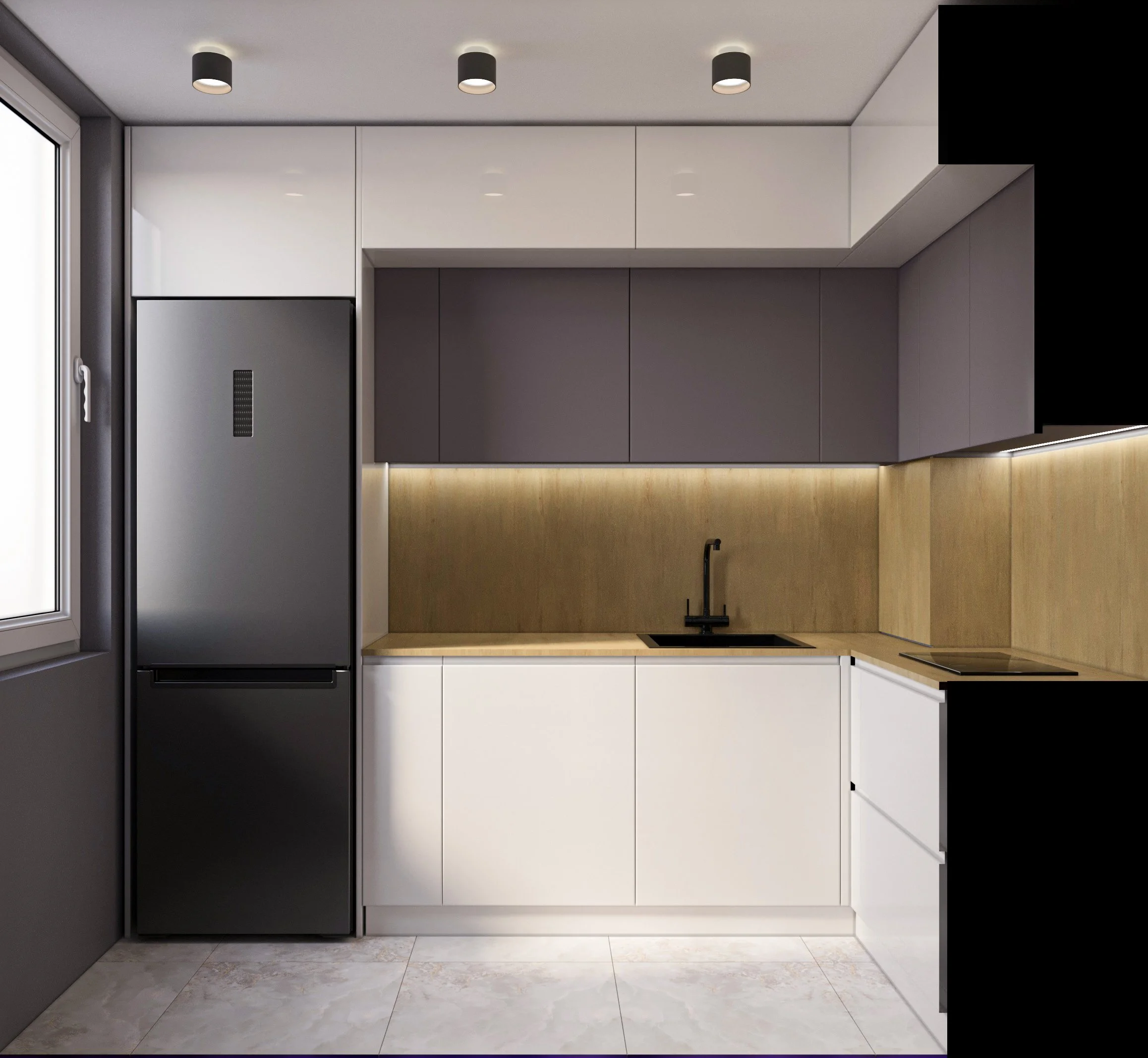 Modern kitchen with white lower cabinets, purple upper cabinets, a black faucet, integrated stovetop, fridge, and light wood countertops and backsplash.