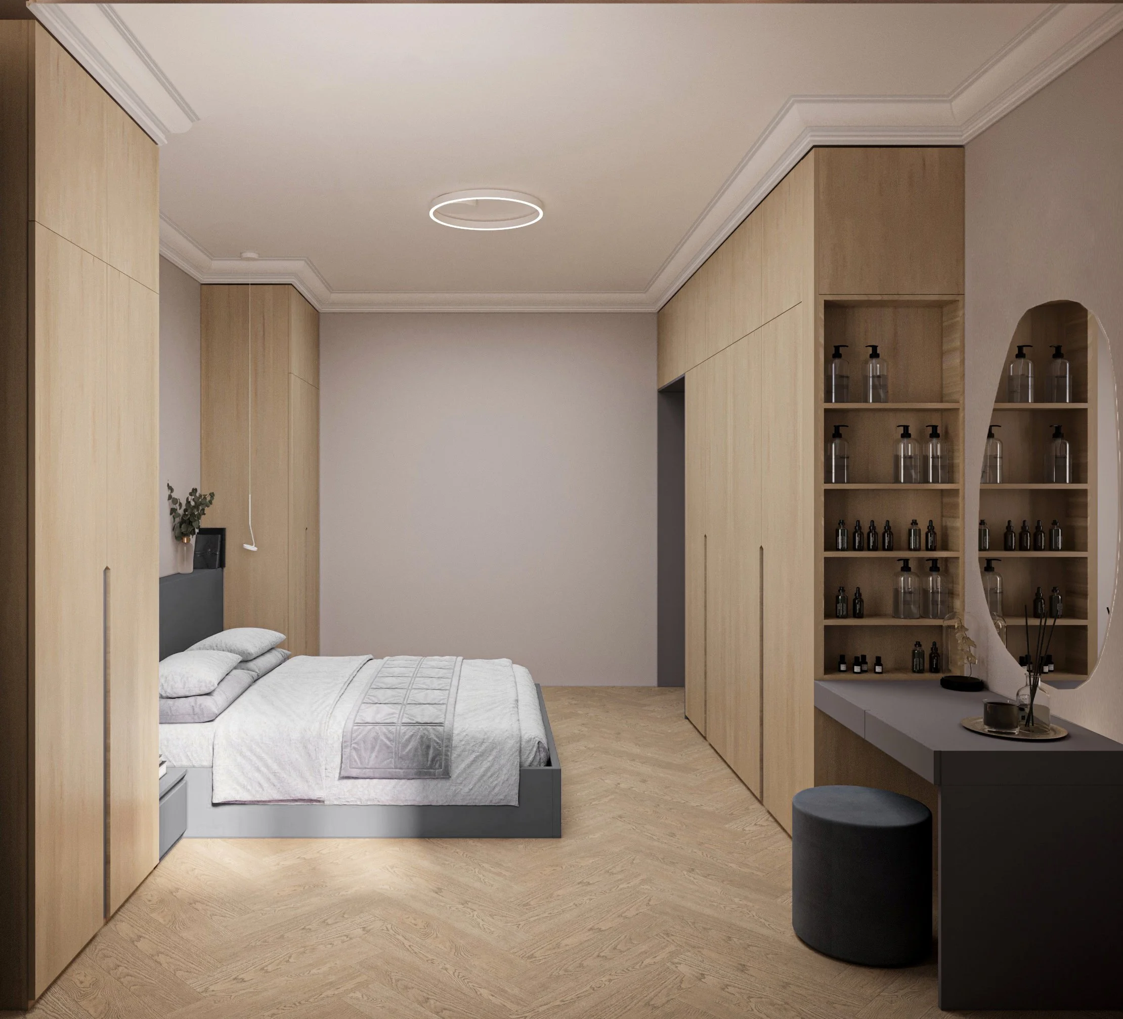 Modern bedroom with a bed, built-in wooden cabinets, a vanity table, and a circular ceiling light.