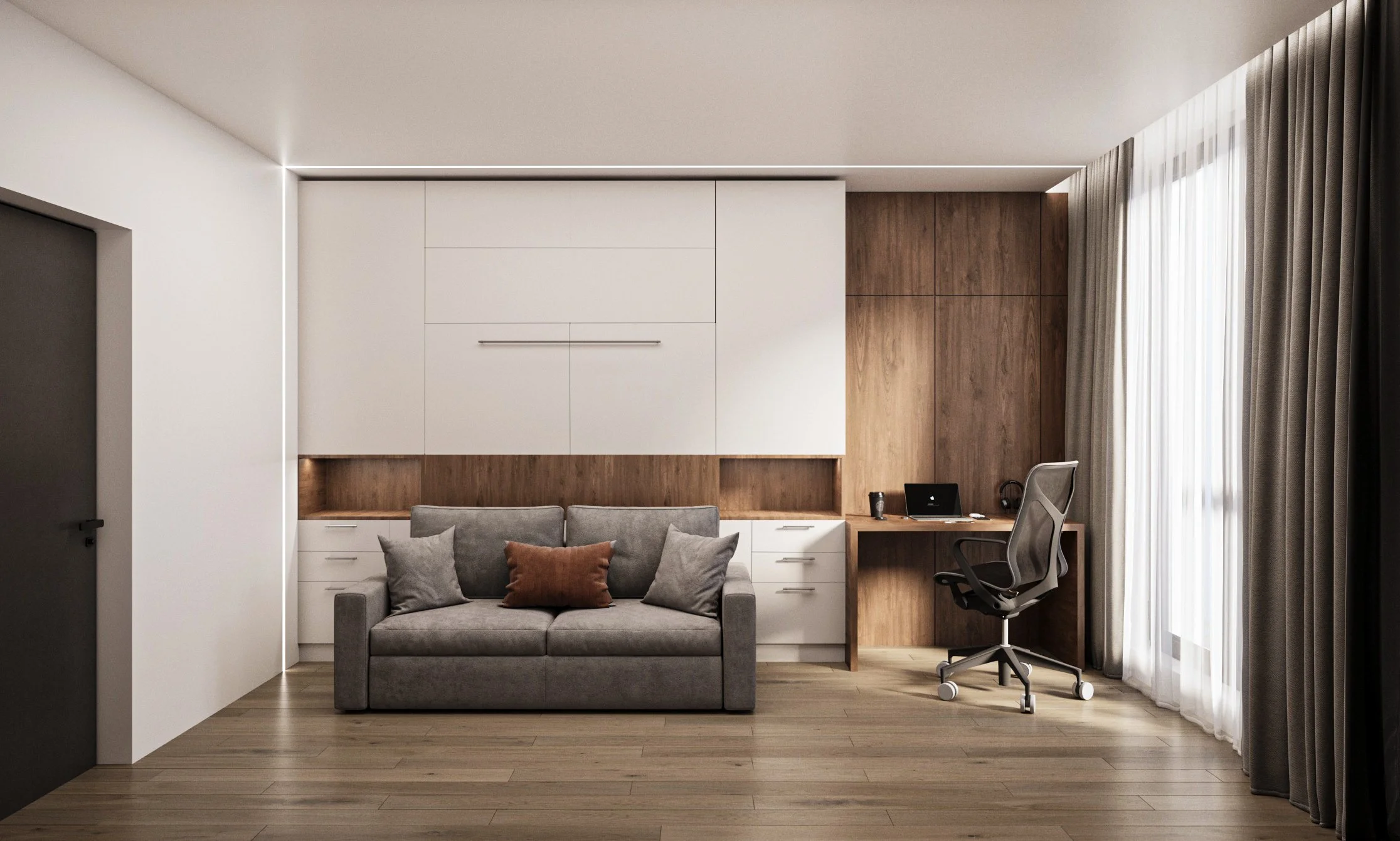 Modern living room with a gray sofa, wooden wall paneling, a white built-in cabinet, a desk with a laptop, and large windows with curtains.