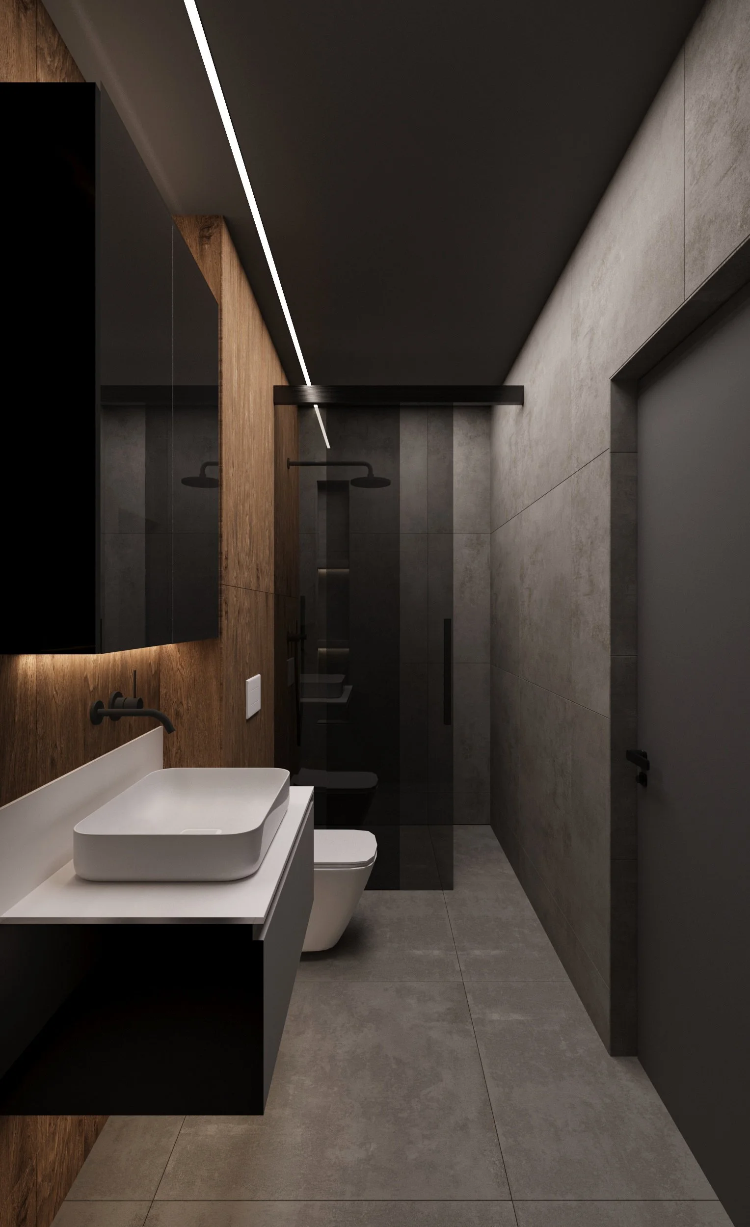 Modern bathroom with a vessel sink on a white vanity, a wall-mounted black faucet, a wall-mounted toilet, a wooden accent wall, concrete floor and wall tiles, a glass shower enclosure with black fixtures, and a minimalist black ceiling fixture.