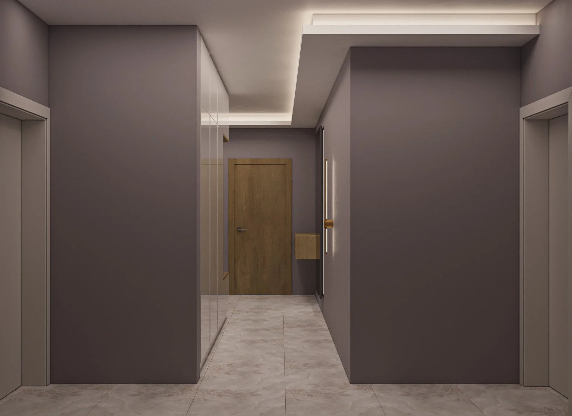 Modern hallway with gray walls, marble flooring, and two elevator doors on both sides. There is a wooden door at the end and decorative lighting on the ceiling.