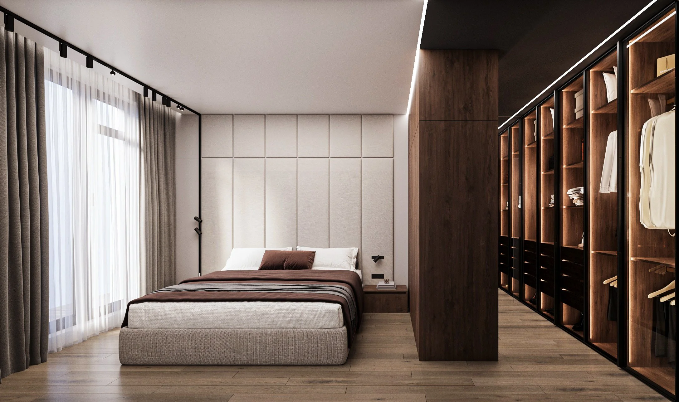 Modern bedroom with a large bed, beige headboard, white bedding, brown pillows, and a wooden nightstand. Floor-to-ceiling windows with sheer white and dark curtains on the left. A walk-in closet with wooden shelves and hanging clothes on the right.