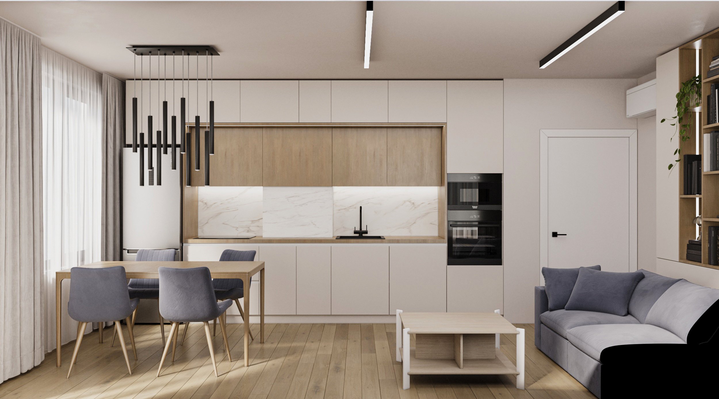 Modern open-concept living space with a kitchen, dining area, and sitting area. The kitchen features white and wood cabinetry, a marble backsplash, and black fixtures. A dining table with four gray chairs is near a large window with curtains. A gray 