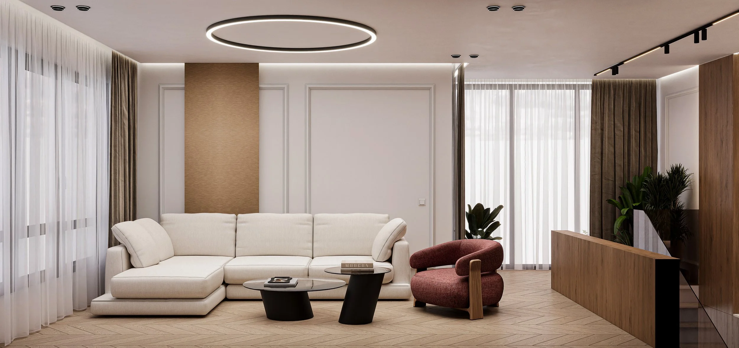 Modern living room with white sectional sofa, a red armchair, black coffee tables, large windows with sheer curtains, and indoor plants.