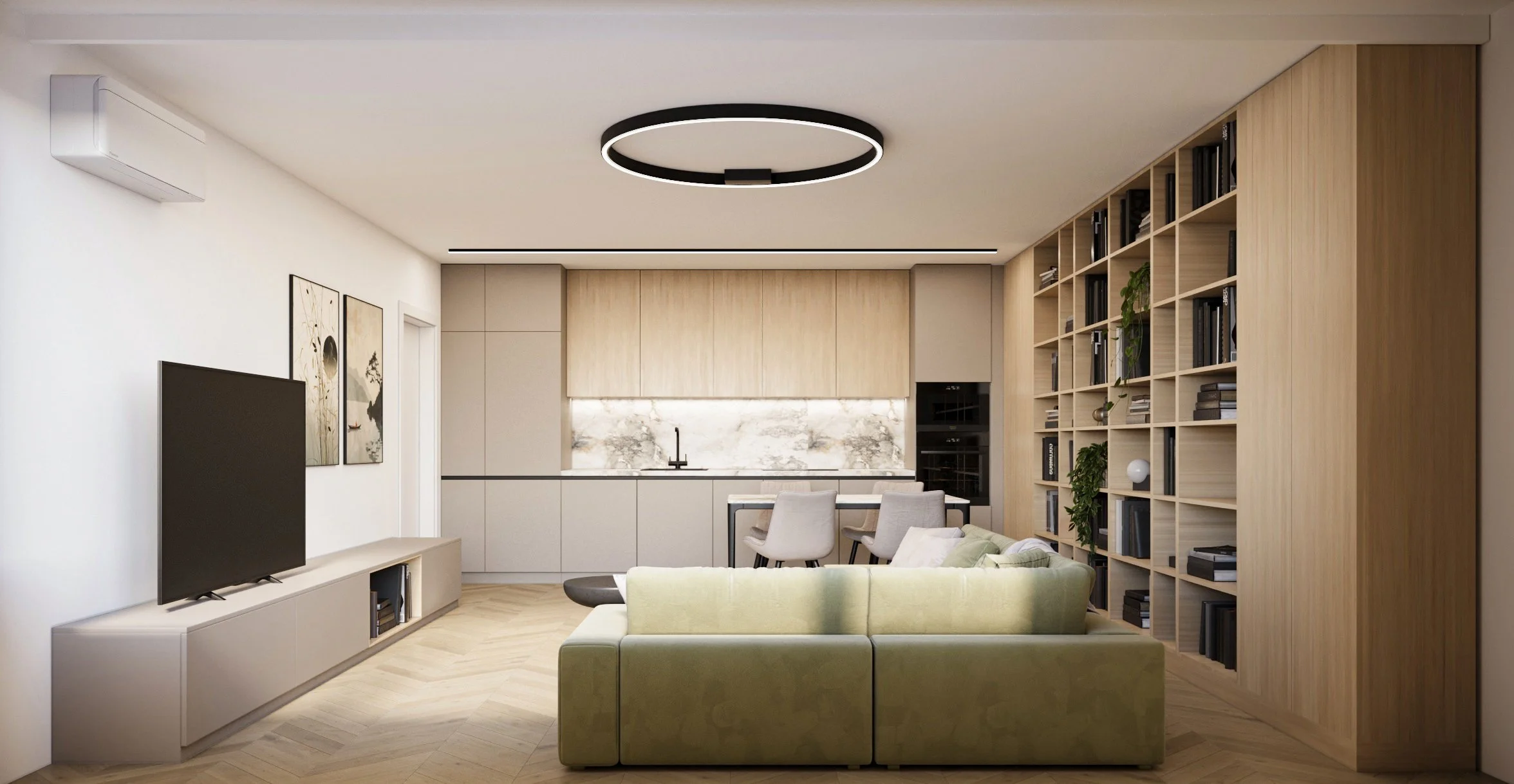 Modern living room with a TV on a beige media console, light green sofa, built-in kitchen with marble backsplash, open wooden bookshelf, and minimalist decor.
