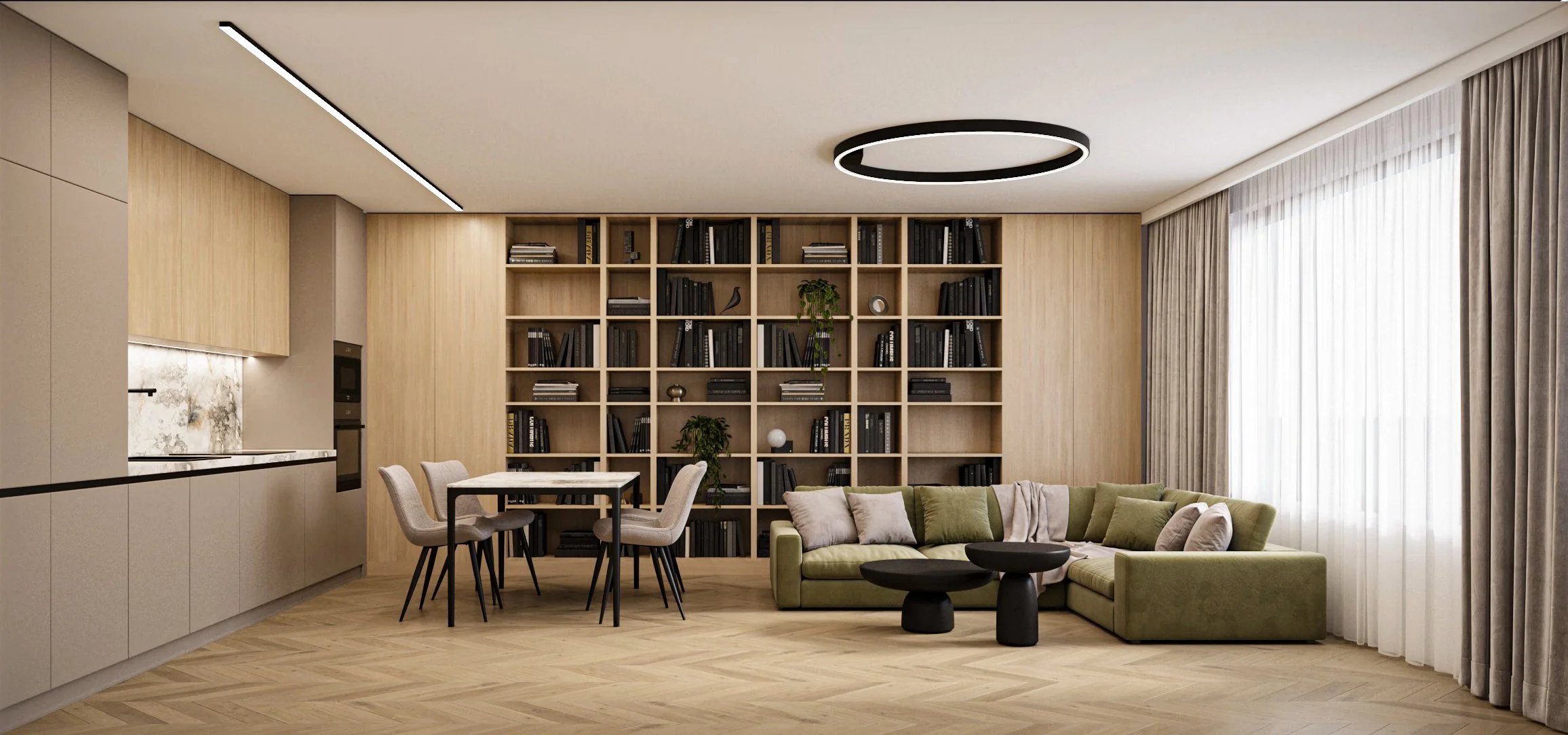 Modern living room with built-in kitchen, wooden bookshelf, green sectional sofa, black coffee tables, and large windows with curtains