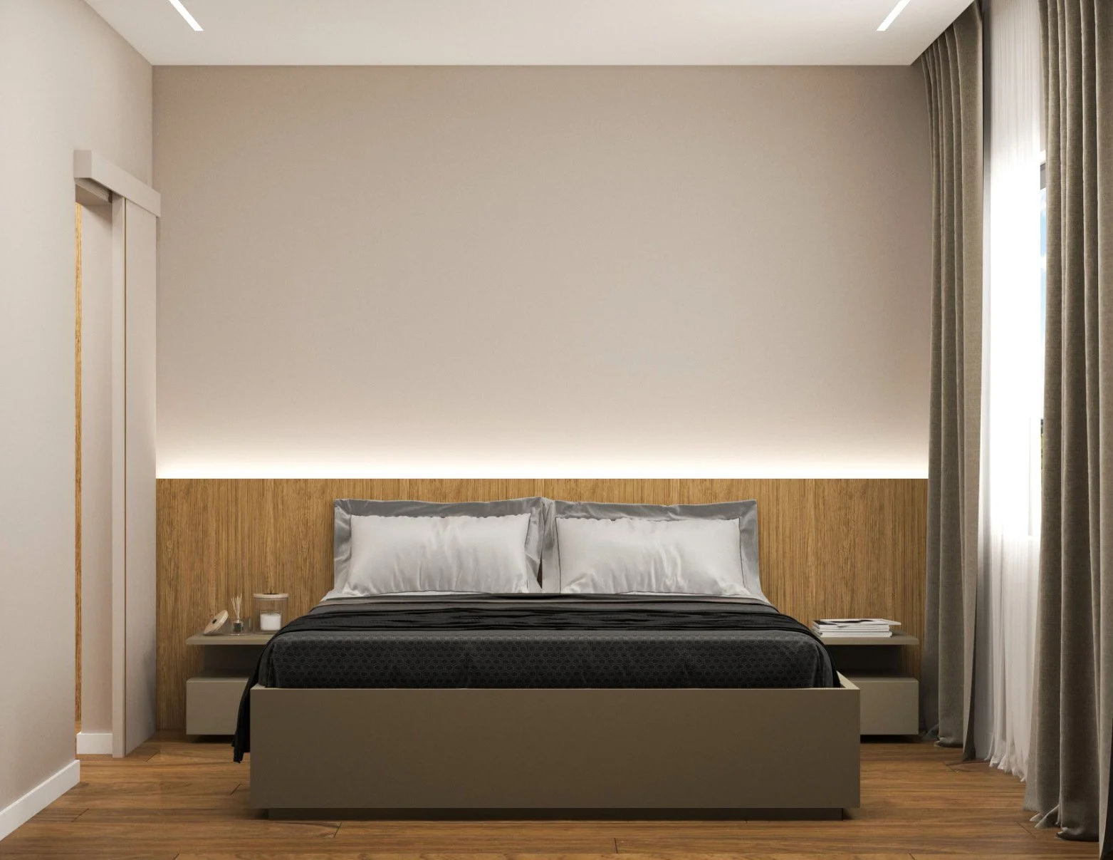 A modern, minimalist bedroom with a wooden headboard, a black bedspread, white pillows, and built-in side tables with decor. There's a window with curtains on the right and a smooth, light-colored wall behind the bed.