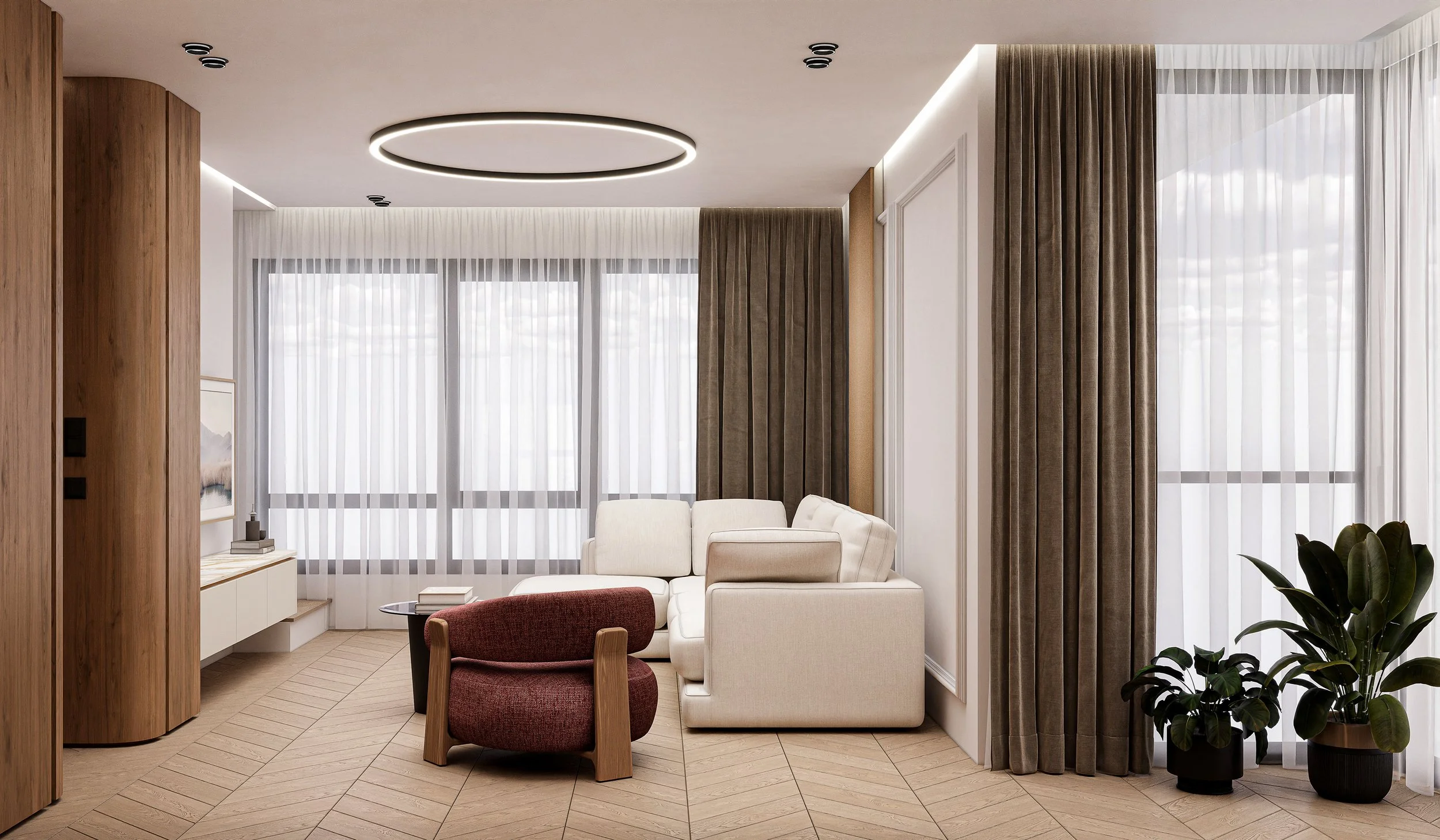 Modern living room with large windows covered by sheer white curtains and brown drapes, featuring a white sectional sofa, a red armchair, a small side table, a potted plant, and contemporary ceiling lights.