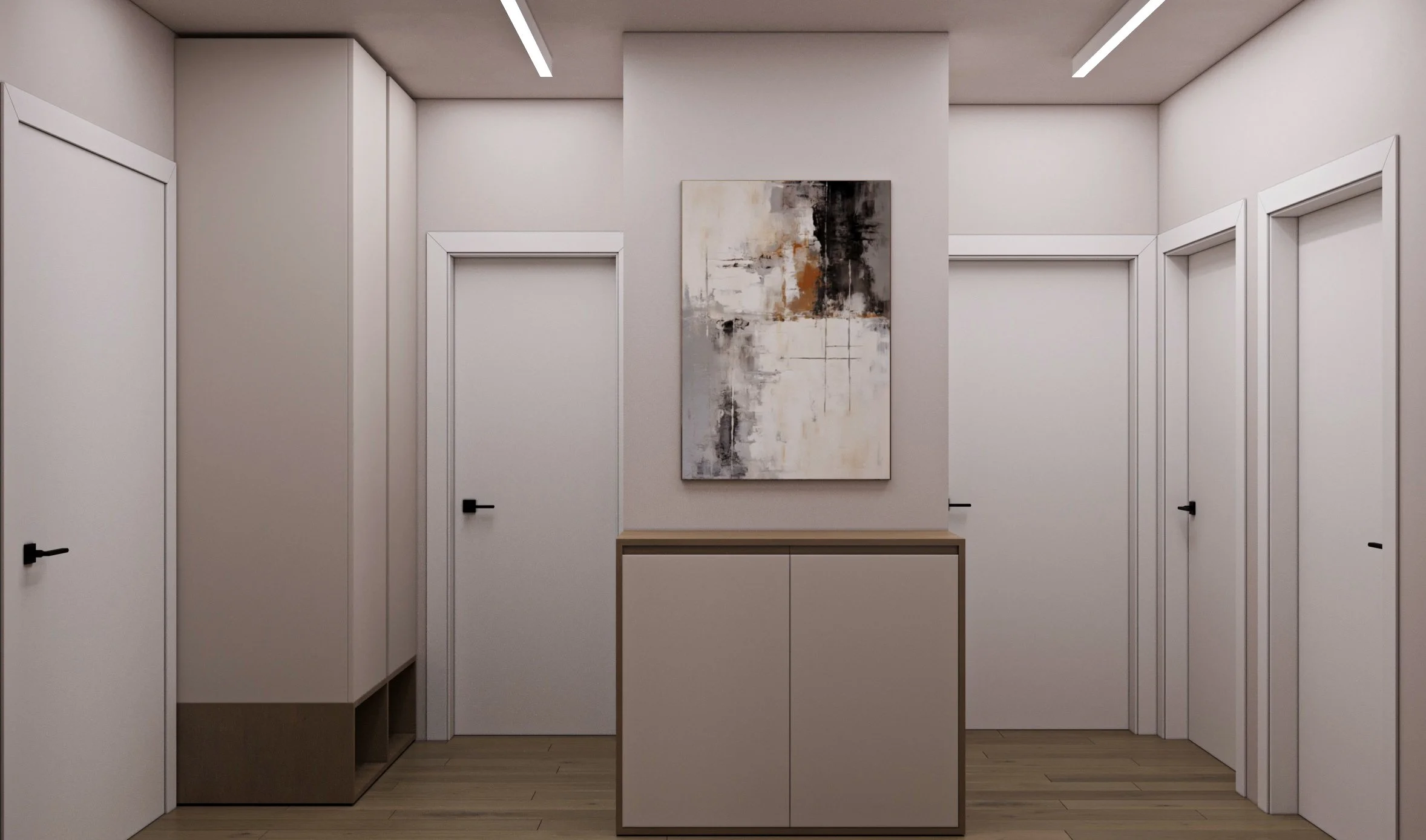 A modern hallway with white doors on both sides, a wooden minimalistic cabinet in the center, an abstract painting above it, and a ceiling with integrated lighting.