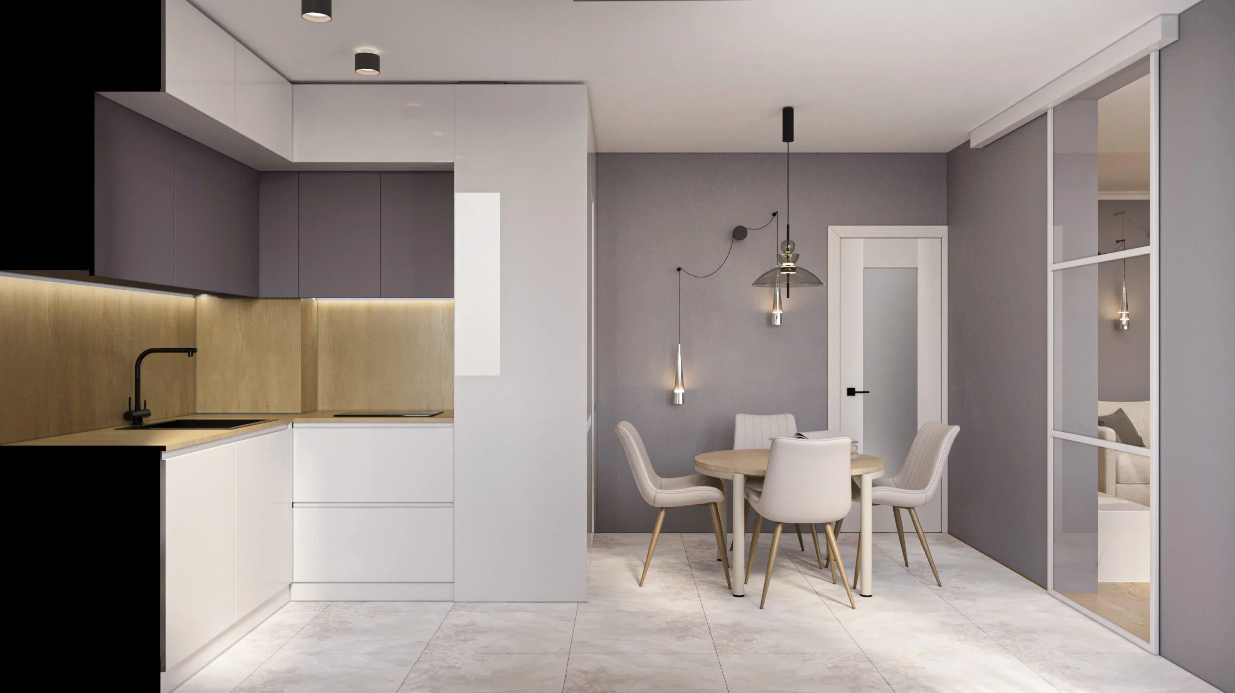 Modern kitchen and dining area with gray and white cabinetry, light wood accents, and a round dining table with four white chairs. Pendant lights hang over the table, with a partially visible bedroom in the background.