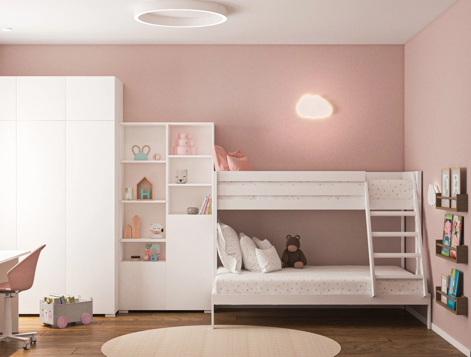 A pink children's bedroom with a white bunk bed, decorations, and a white wardrobe against pink walls.