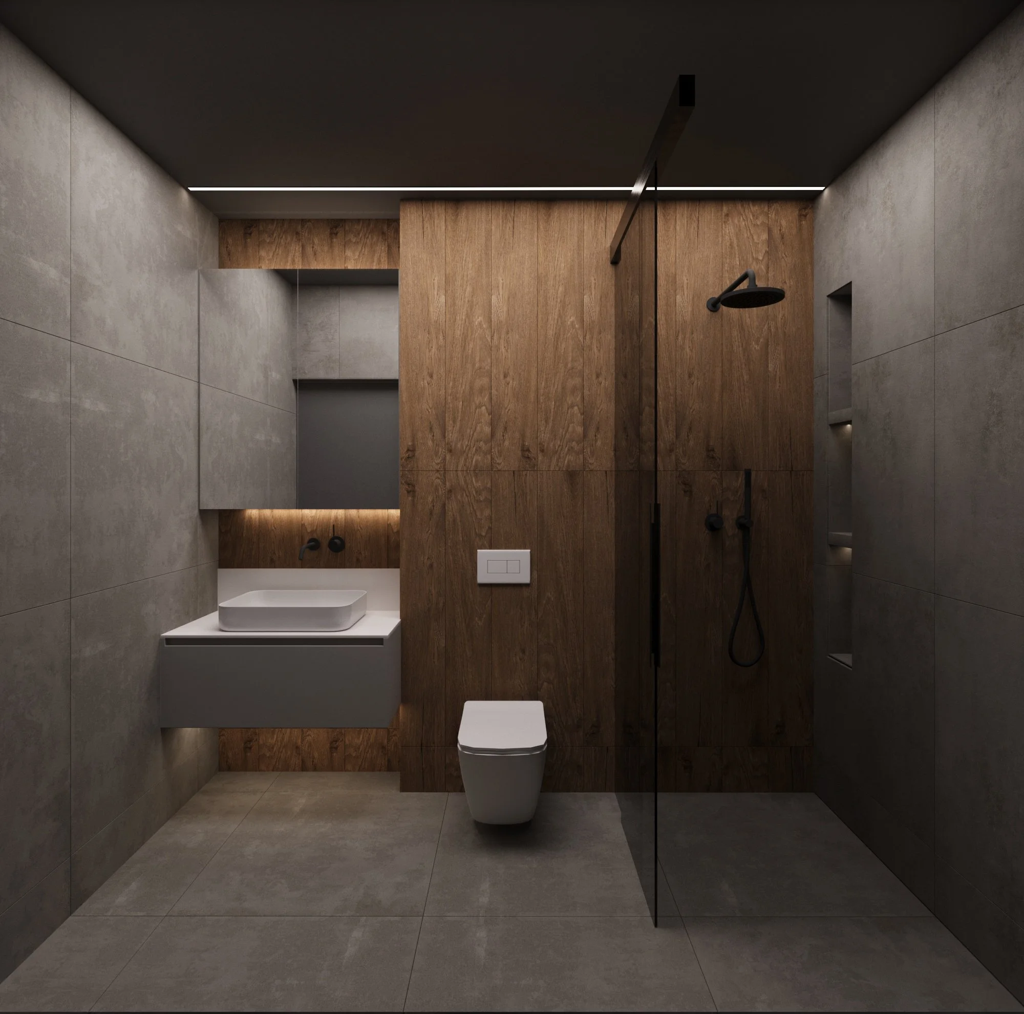Modern bathroom with gray tiled walls and floors, a wood accent wall, a floating sink with a vessel basin, a wall-mounted toilet, and a walk-in shower with black fixtures, separated by a glass panel.