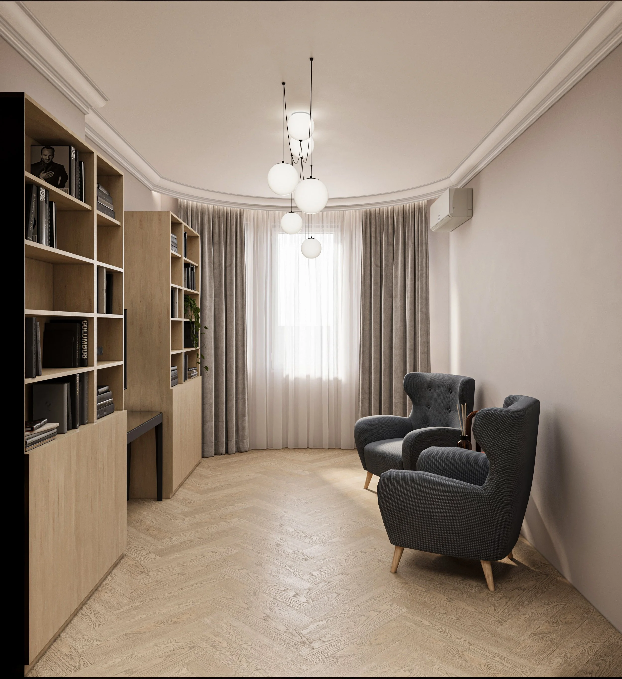 Modern living room with two gray armchairs, wooden bookshelf, beige curtains, and a large window with sheer drapes, ceiling light fixture with round bulbs, and split air conditioning unit.