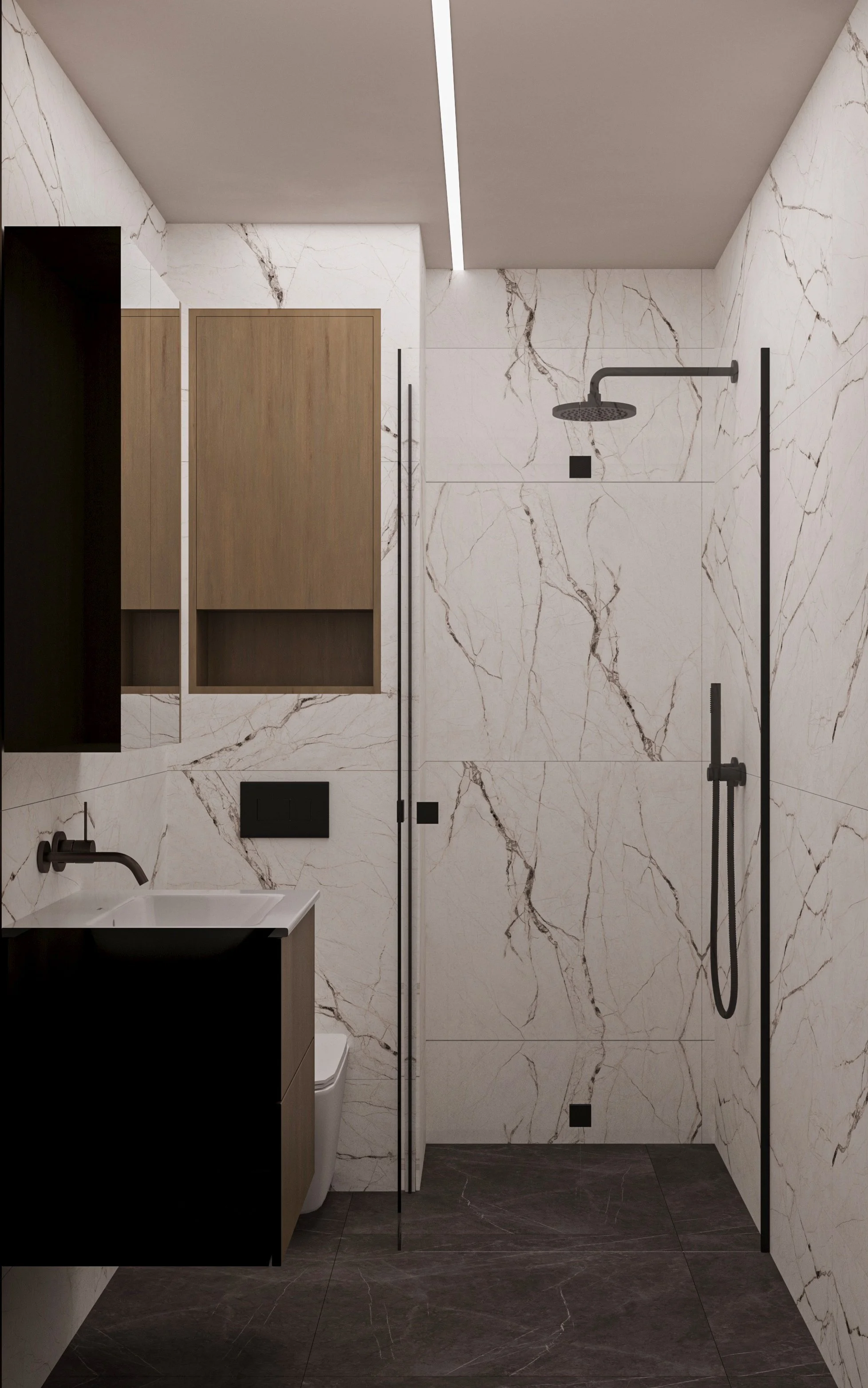 Modern bathroom with white marble walls with brown veining, black fixtures, and a walk-in shower with a rain showerhead and black hand shower.