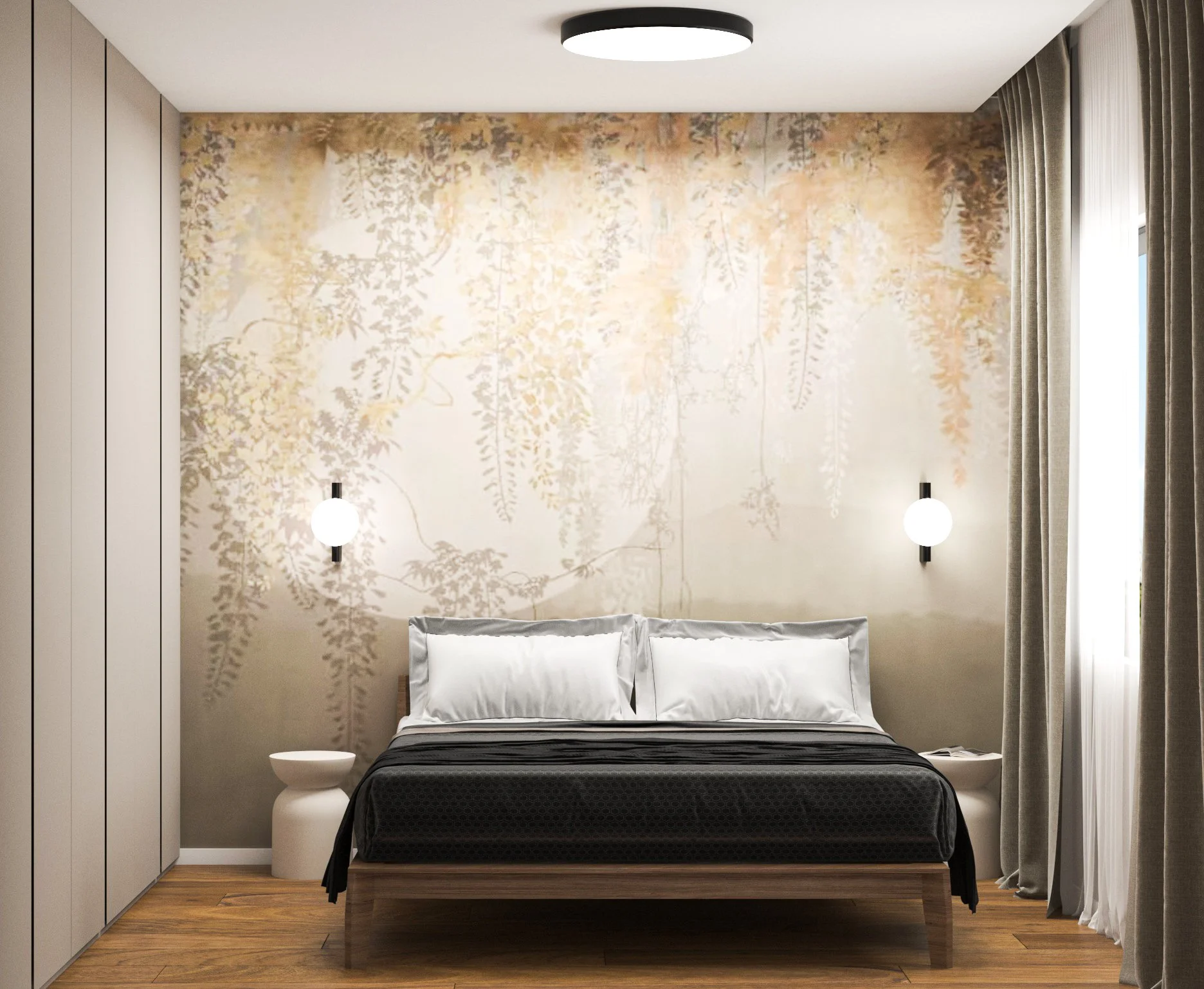 A modern bedroom with a bed, grey curtains, a white nightstand, and a decorative wall with a soft, forest-themed mural. There are two wall-mounted round lamps on either side of the bed and a round ceiling light.