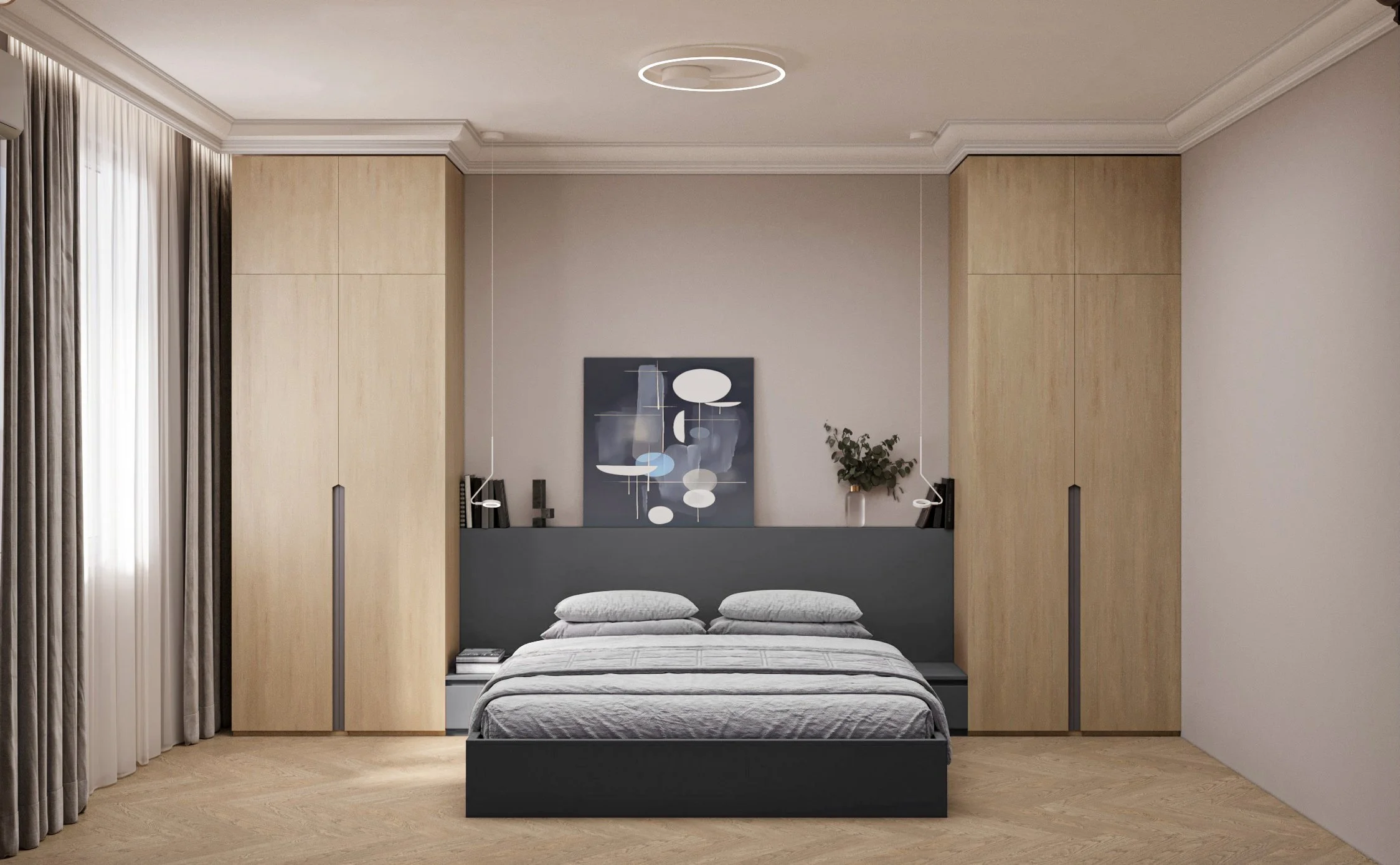 A modern bedroom with a bed, abstract artwork, a potted plant, and built-in wooden wardrobes. Light-colored curtains and hardwood floors are visible.