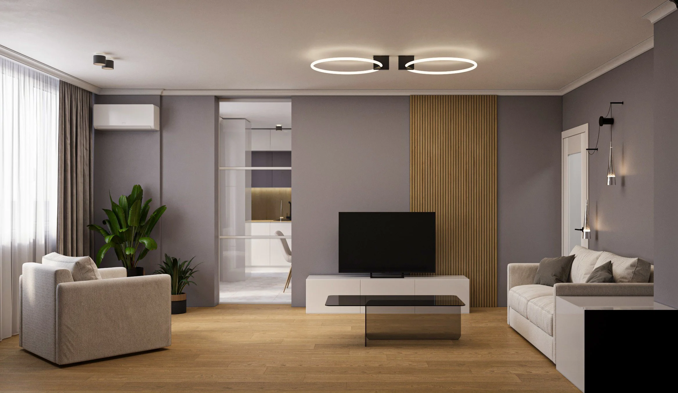 Modern living room with beige sofas, a black TV on a white TV stand, wooden accent wall, green plants, and a glass coffee table on a wooden floor. There's a large window with beige curtains and wall-mounted lighting fixtures.
