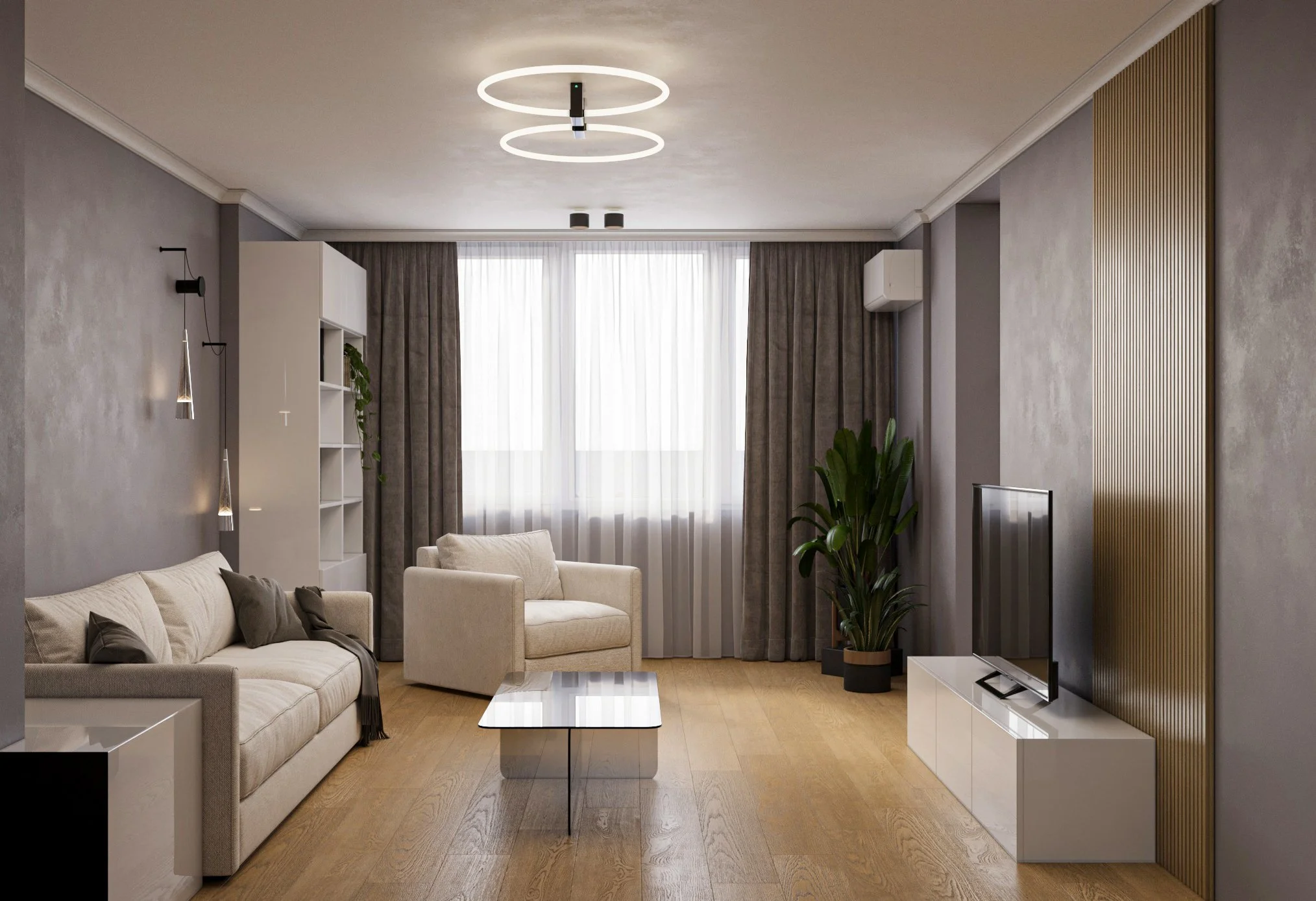 Modern living room with beige sofa, armchair, wooden floor, white coffee table, TV on white stand, large window with sheer and dark curtains, potted plant, contemporary ceiling light, and wall-mounted air conditioner.