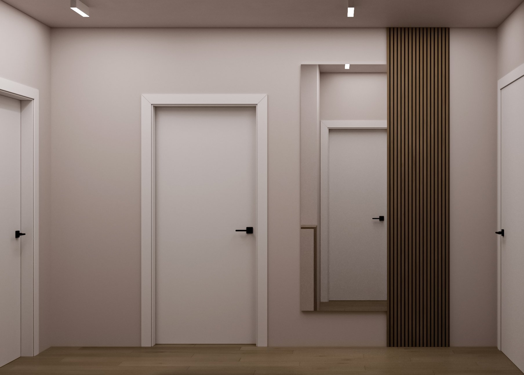 Modern interior hallway with three white doors, a mirror, and a vertical wooden slat decorative panel.