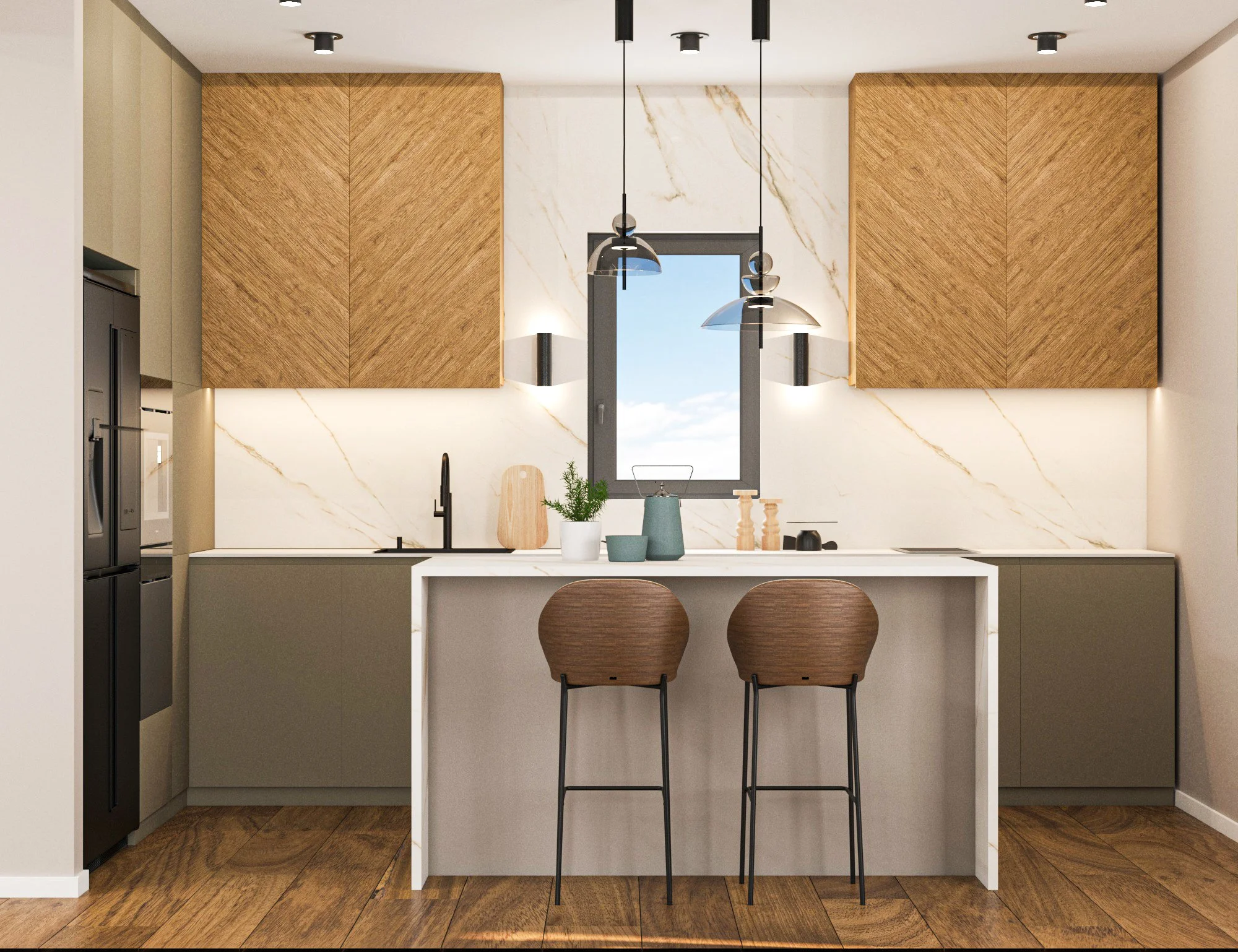 Modern kitchen with gray lower cabinets, wood upper cabinets, marble backsplash, and a kitchen island with two brown bar stools, a potted plant, and decorative vases.