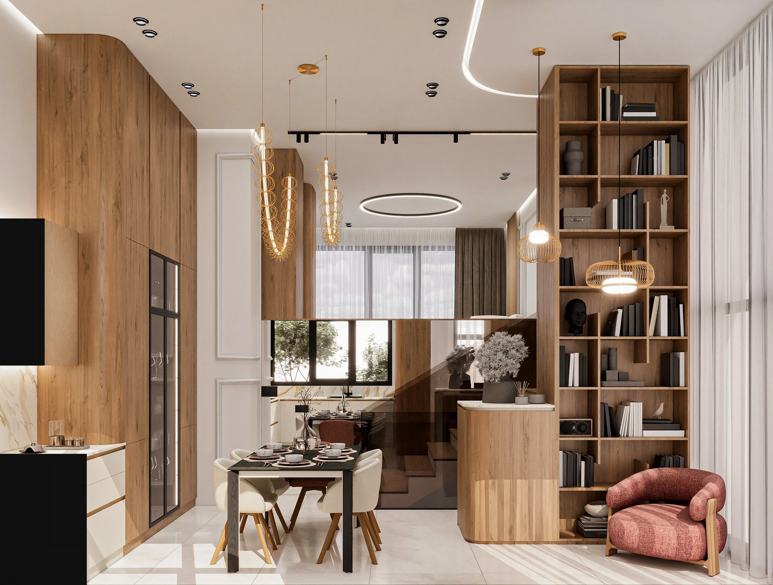 Modern living and dining area with wood accents, a dining table with chairs, a pink armchair, bookshelf, and large windows with curtains.