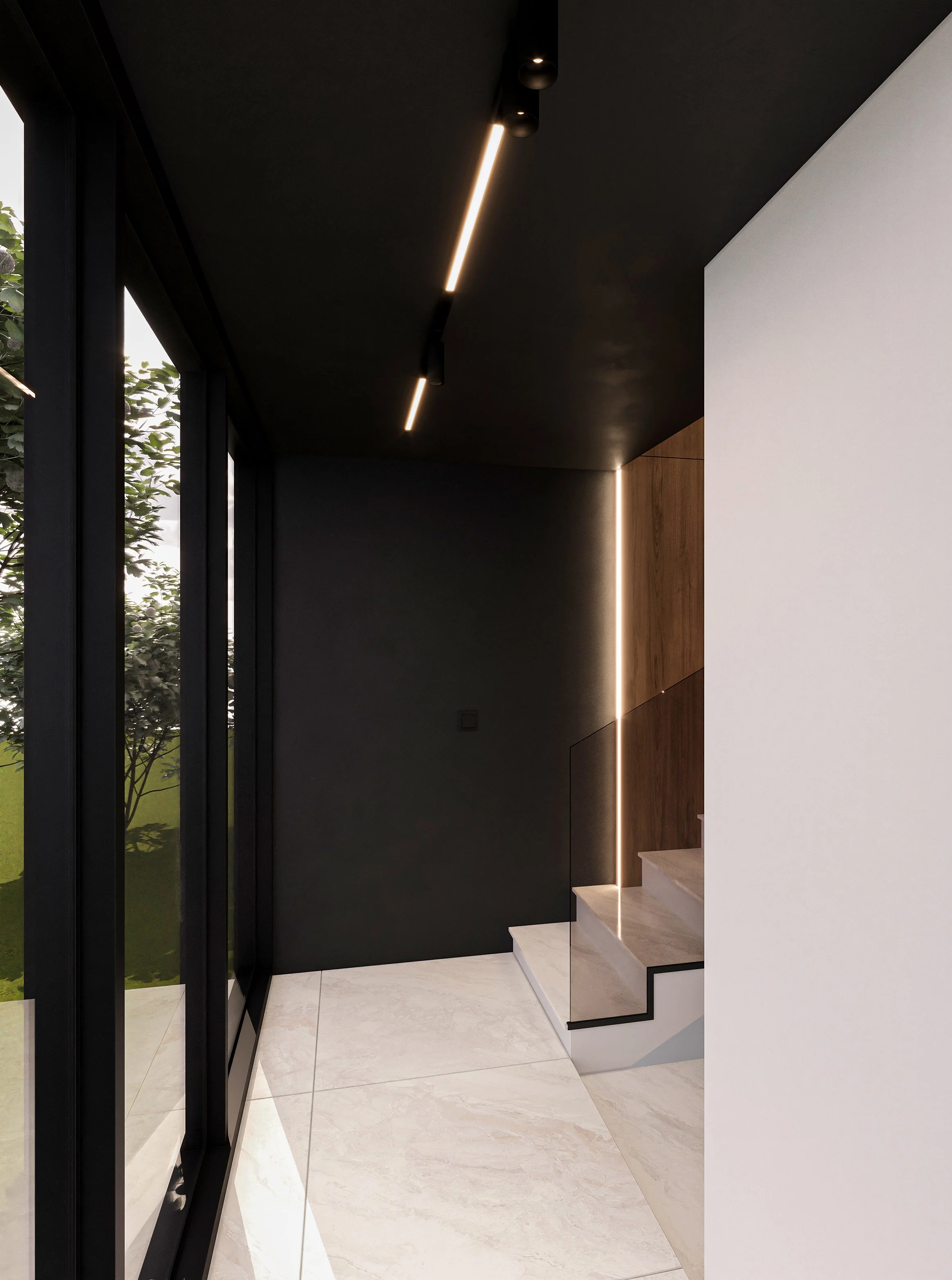 Modern interior space with large windows, marble flooring, black ceiling, and integrated lighting along the stairs and wall, leading to a staircase with glass railing.
