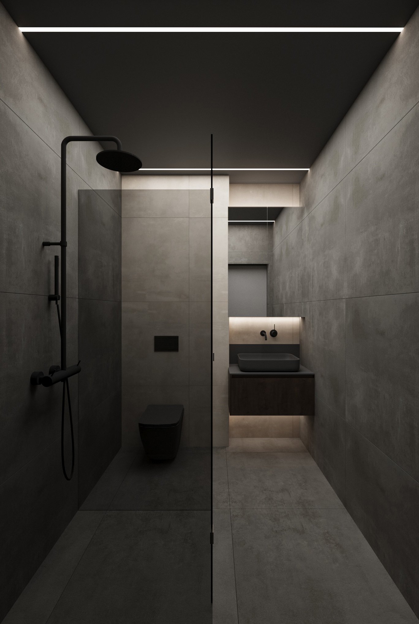 Minimalist modern bathroom with dark fixtures, gray walls and floor, and recessed lighting.
