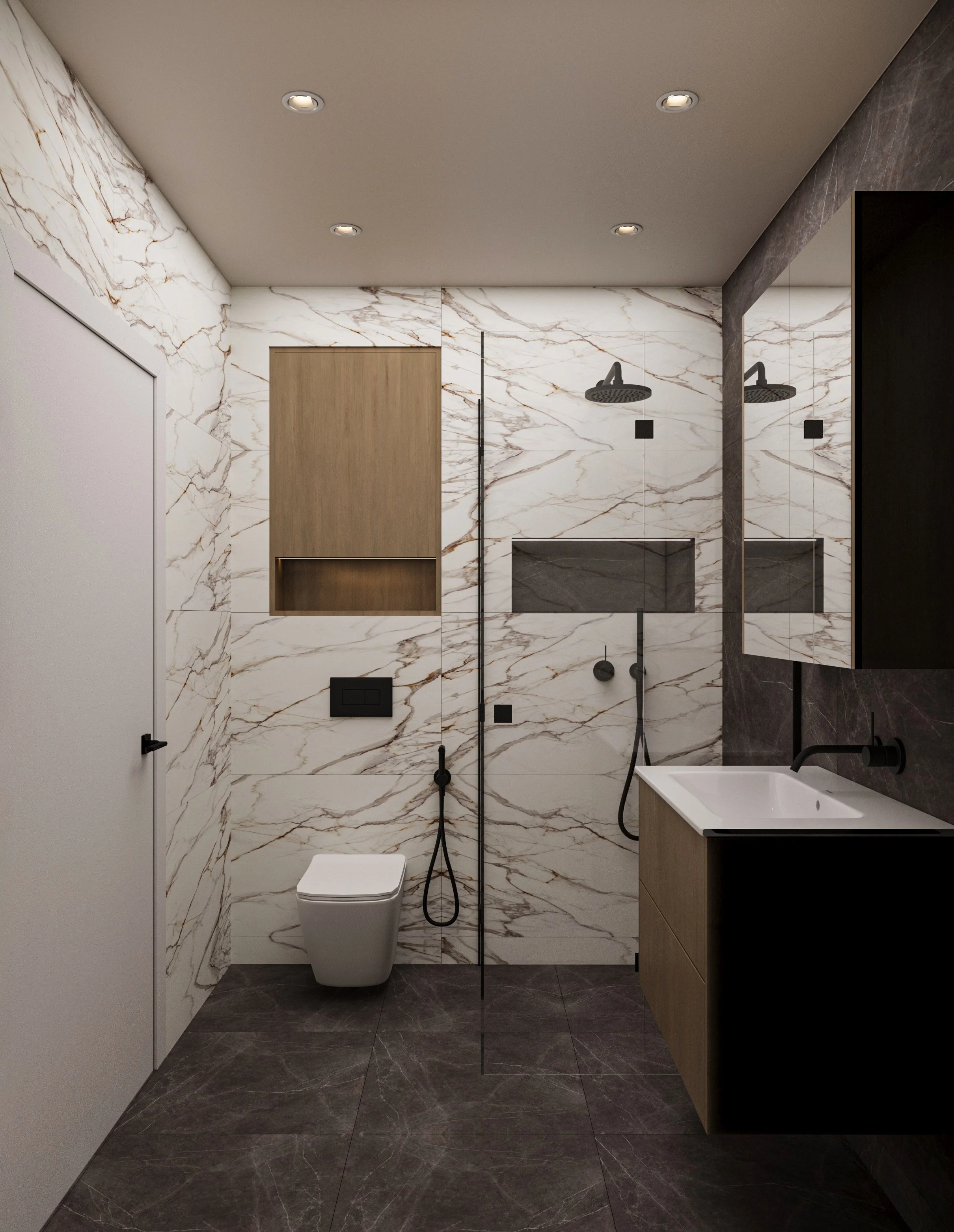 Modern bathroom with white marble walls, dark marble floor, a wooden cabinet, a wall-mounted toilet, and a glass-enclosed shower area with black rainfall showerheads and fixtures. A white sink with a wooden vanity and a mirror above it.