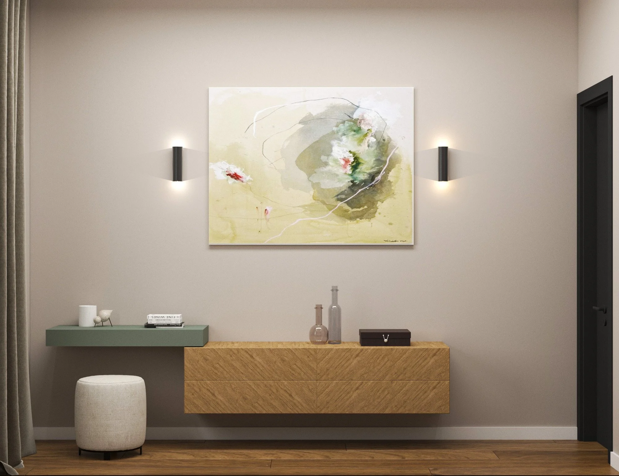 Modern living room wall with abstract art, two black wall sconces, a floating grey shelf with white decor, a wooden cabinet with glass bottles and a black box, and a textured ottoman.