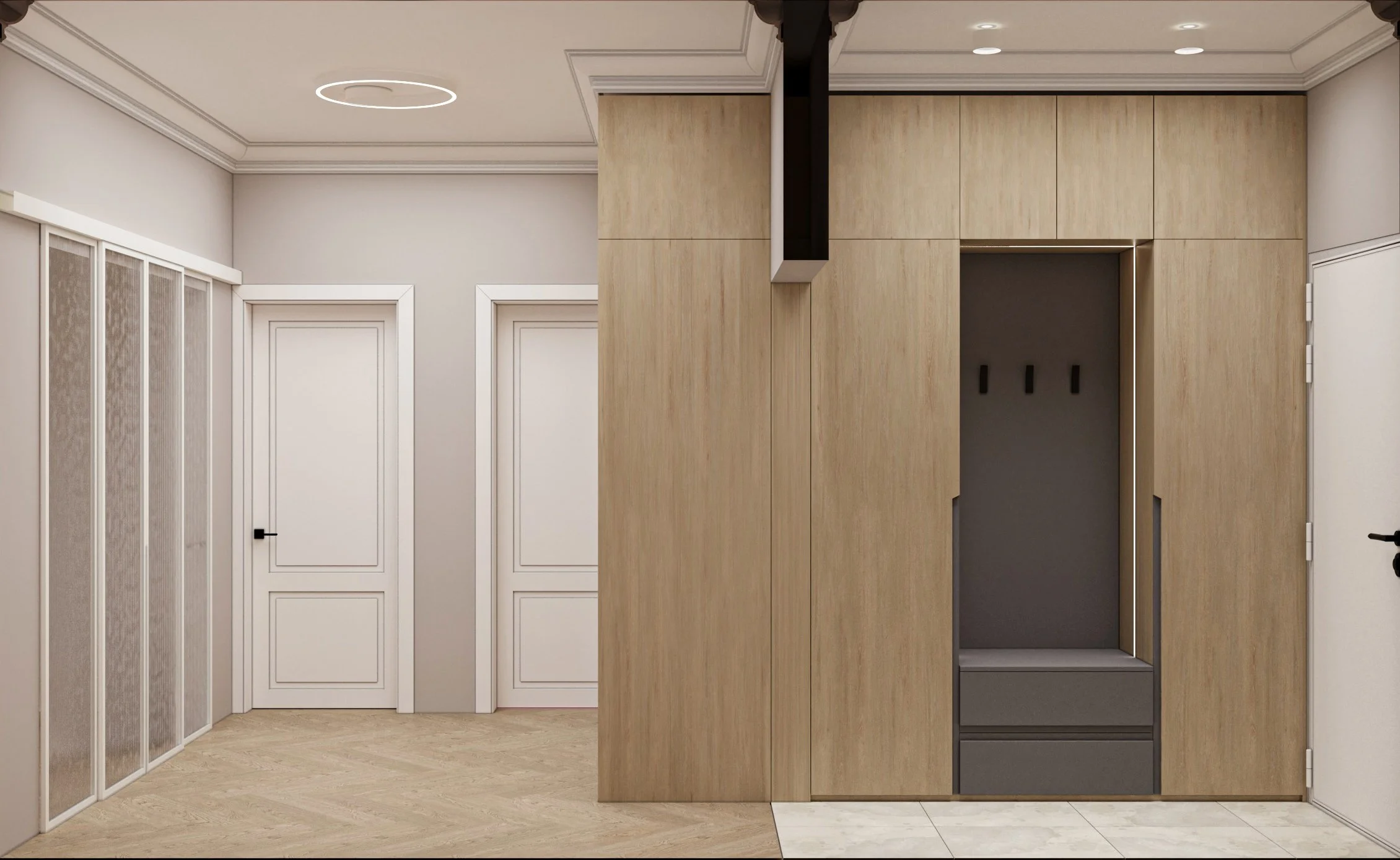 Interior view of a modern home with white doors, a wood-paneled wall, and an open closet space with hooks and shelves.