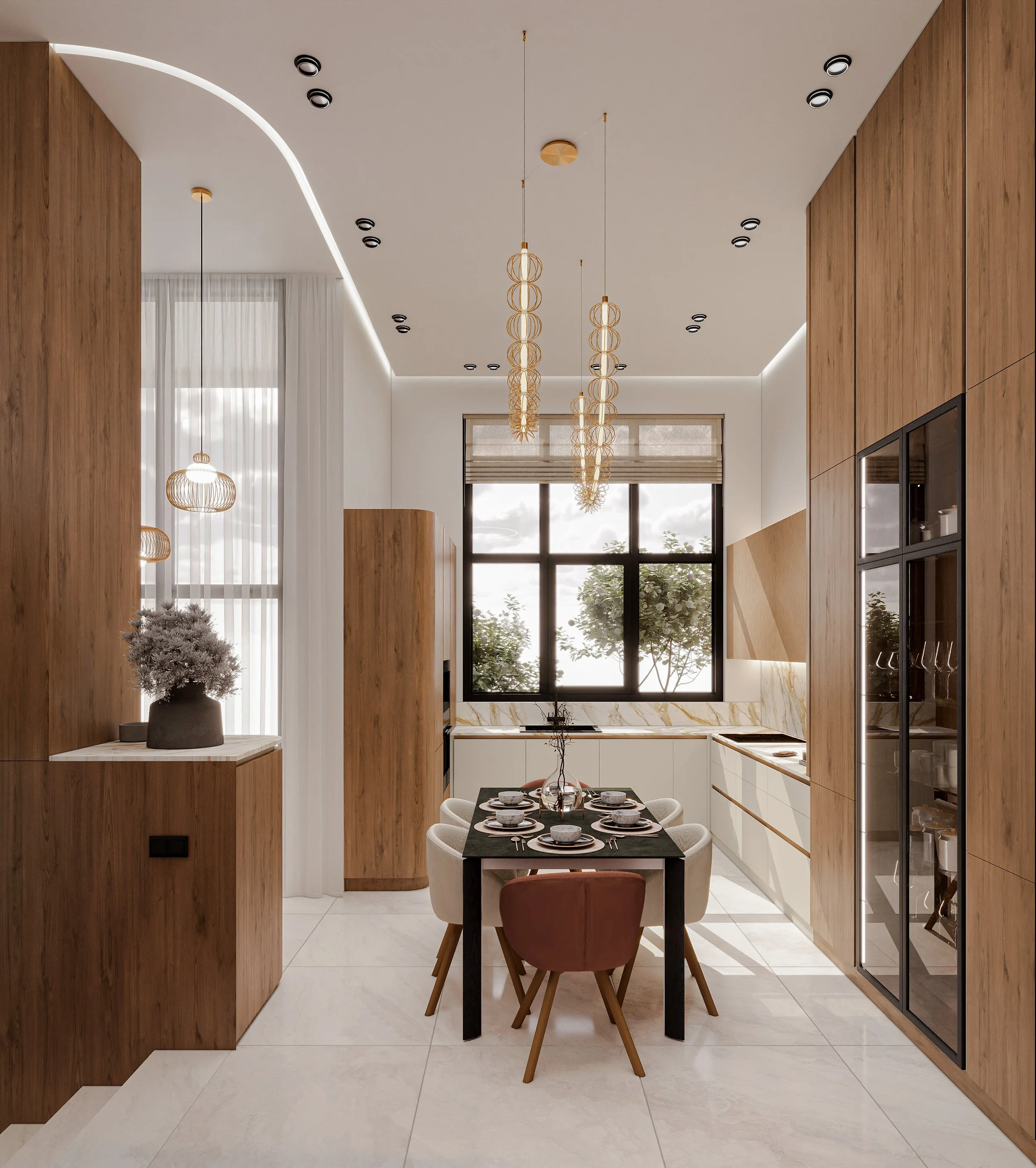 Modern kitchen with wooden and white cabinetry, large window, pendant lights, dining table set for six, and decorative plants.