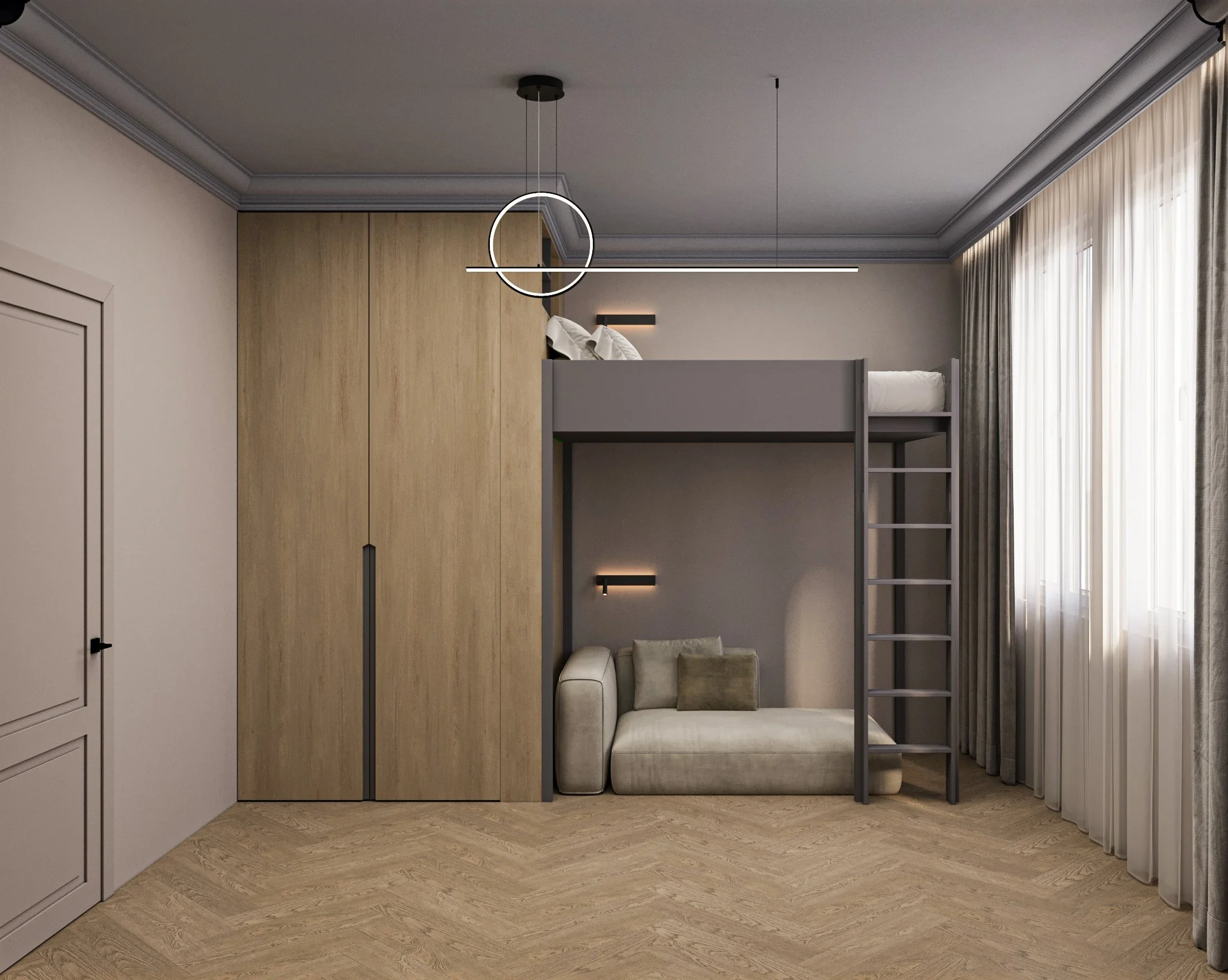 Modern bedroom with loft bed and sofa, large window with curtains, wooden wardrobe, and contemporary lighting fixtures.