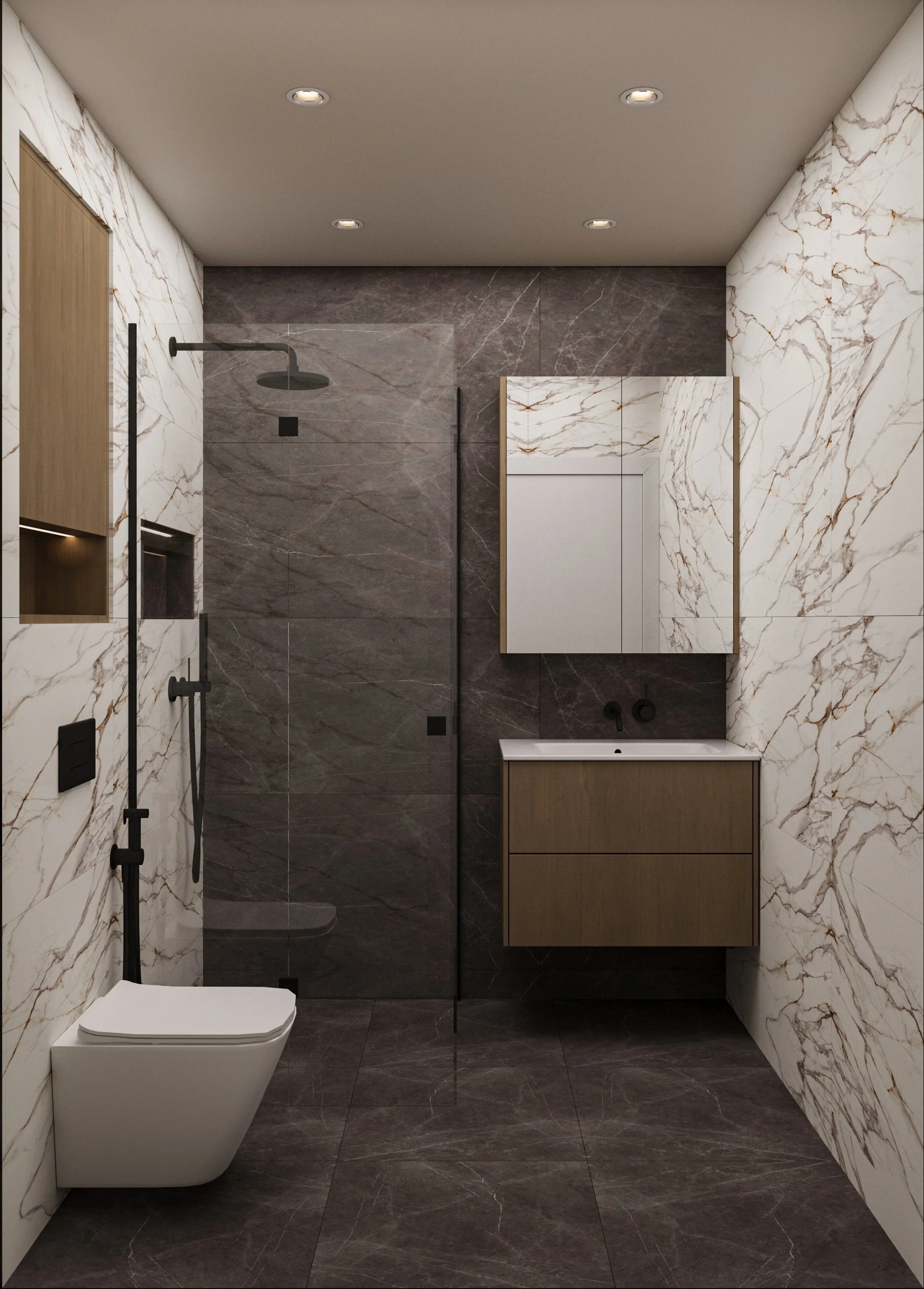 Modern bathroom with marble walls, dark marble floor, walk-in shower with glass partition, wall-mounted toilet, wooden vanity with mirror cabinet, and recessed ceiling lights.