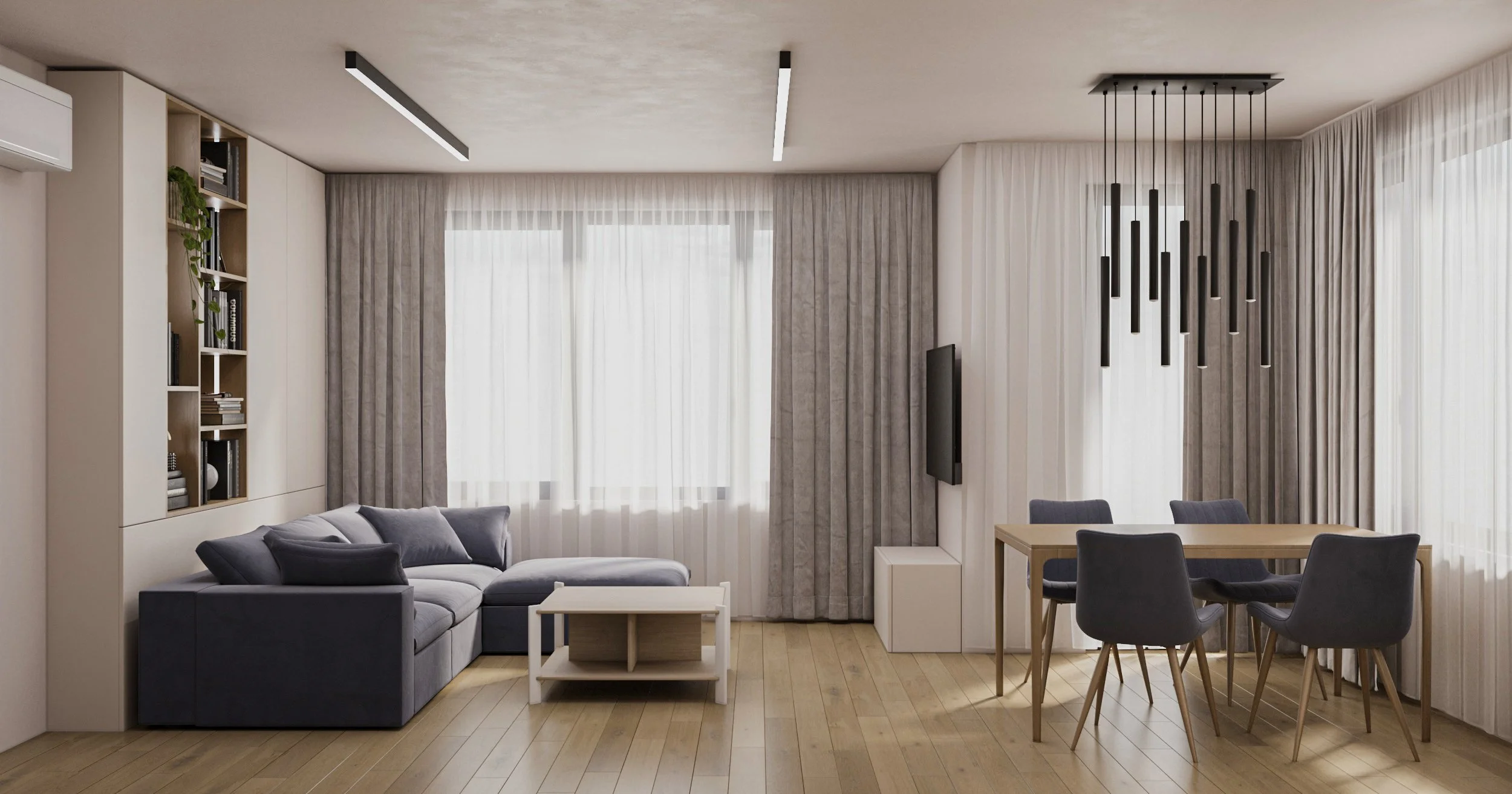 Modern living room with gray sofa, white coffee table, TV on white stand, dining table with five chairs, large windows with sheer and blackout curtains, and contemporary lighting fixtures.