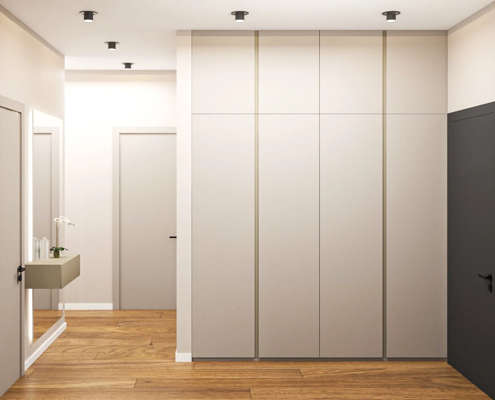 Modern hallway with wooden flooring, white walls, multiple doors, a small wall-mounted shelf with a flower and containers, and ceiling spotlights.