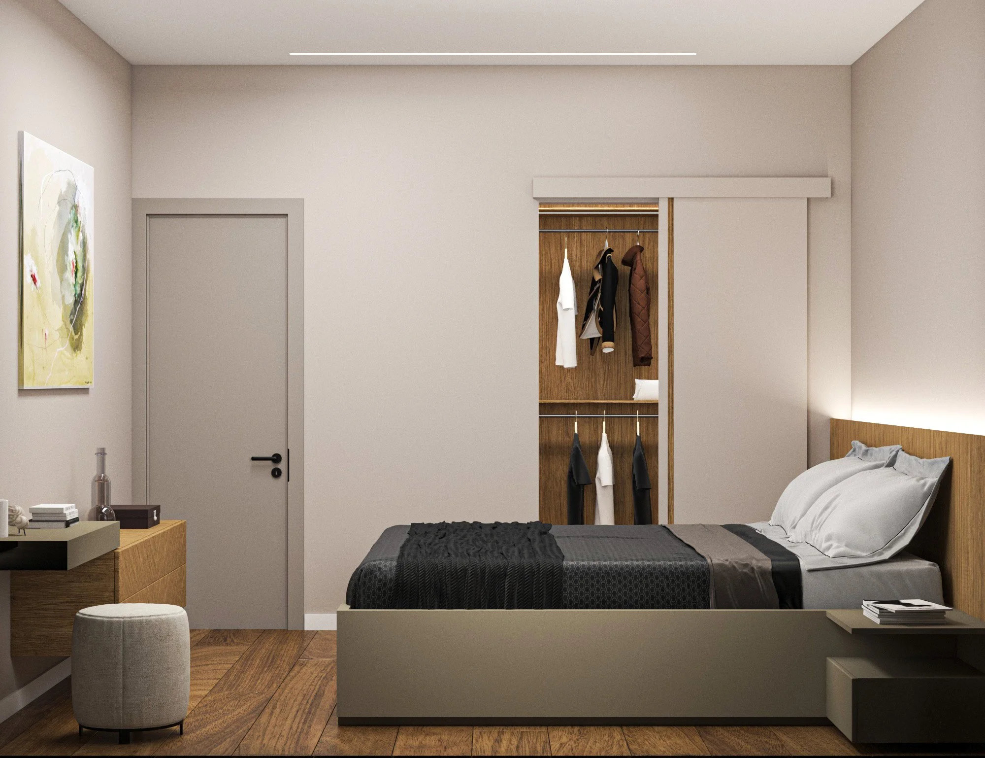 A modern bedroom with a bed, nightstand, dresser, and an open closet with clothes on hangers.