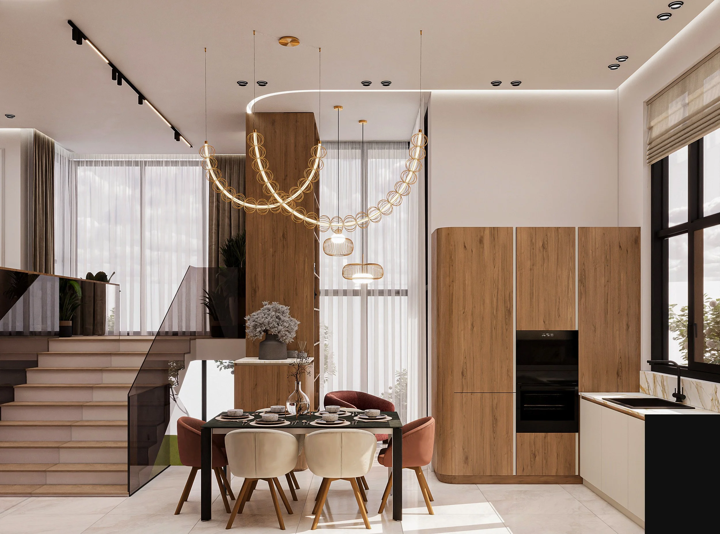 Modern open-concept kitchen and dining area with wooden cabinets, a black dining table set for six with white and pink chairs, large windows with sheer curtains, and decorative lighting fixtures hanging from the ceiling.