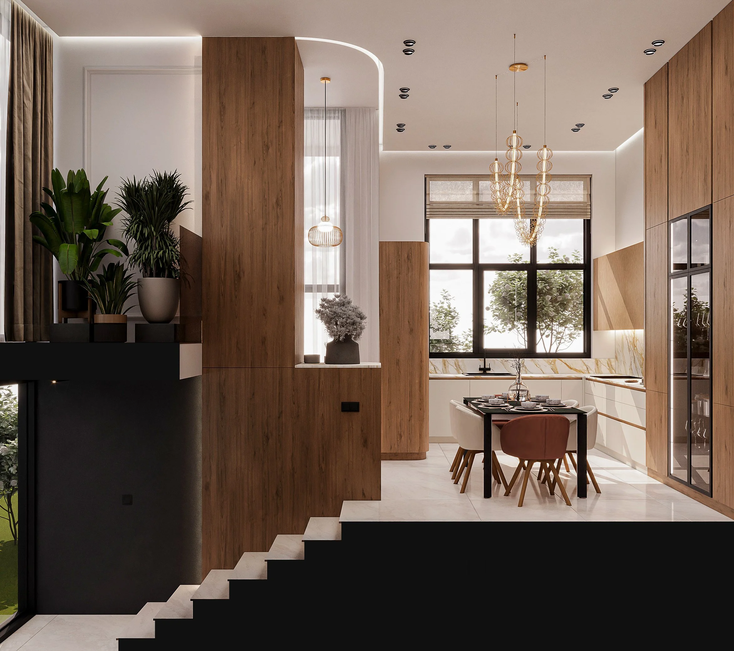 Modern dining area with large window, wooden cabinets, and a black dining table surrounded by mixed chairs, with plants and pendant lighting fixtures.