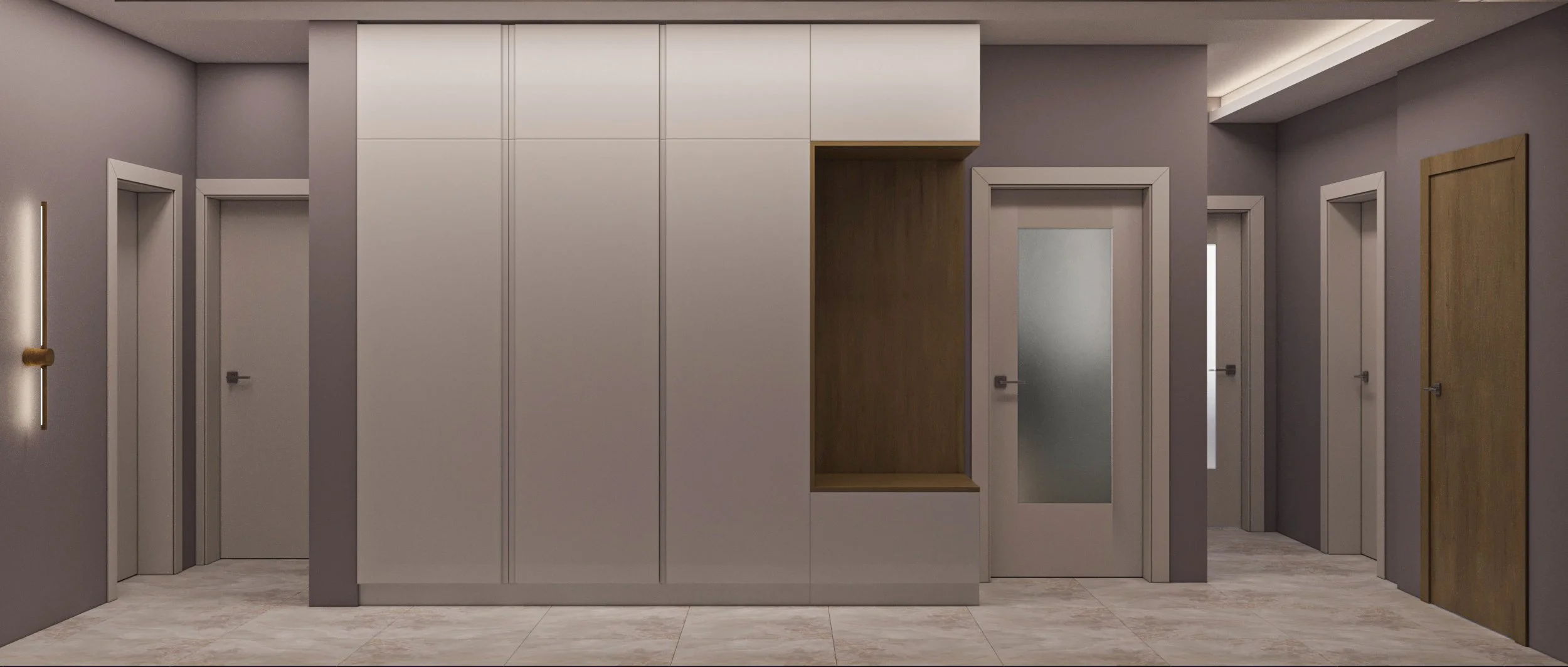 Modern interior hallway with multiple light-colored doors, gray walls, and wood accents, featuring a built-in shelf and ambient ceiling lighting.