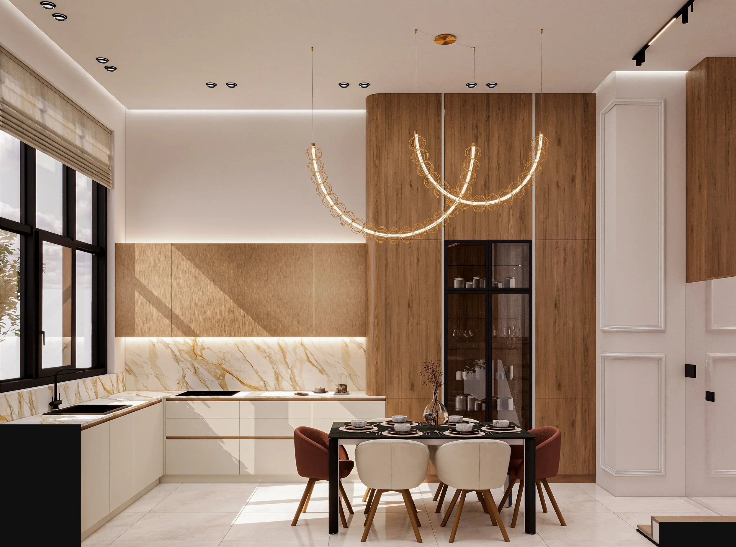 Modern kitchen and dining area with beige, white, and wood finishes. Black-framed windows, marble backsplash, and pendant lighting over the dining table with six chairs, set with plates and cups.