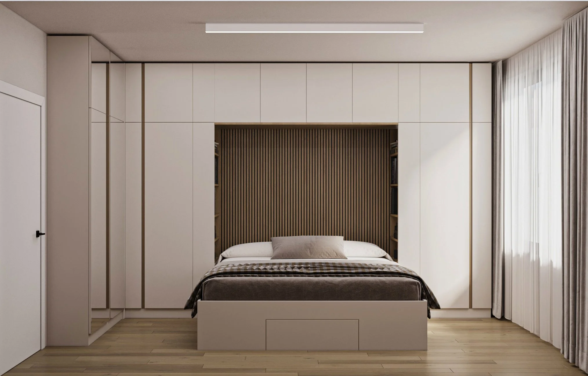 Modern bedroom with a bed positioned against a wood-paneled headboard, white closet doors on each side, and a large window with white curtains on the right.